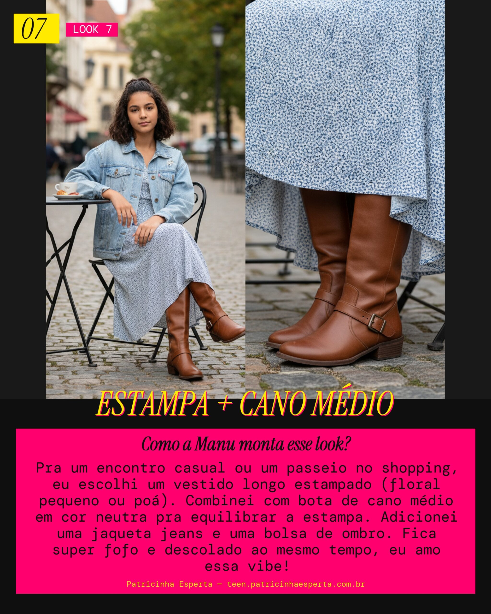 MANU RECOMENDA: Vestido Estampado e Bota de Cano Médio pra um Encontro Casual