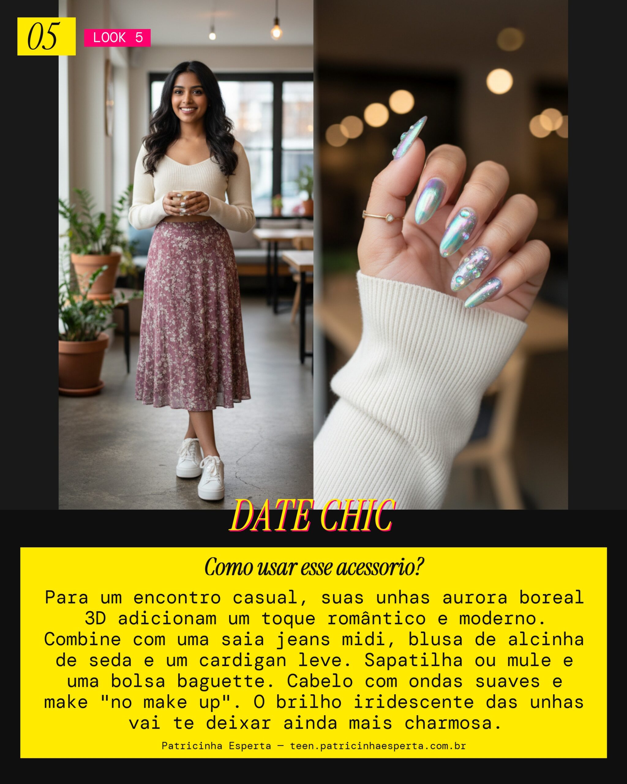 Look 5: Unhas Aurora Boreal 3D - Encontro Casual
