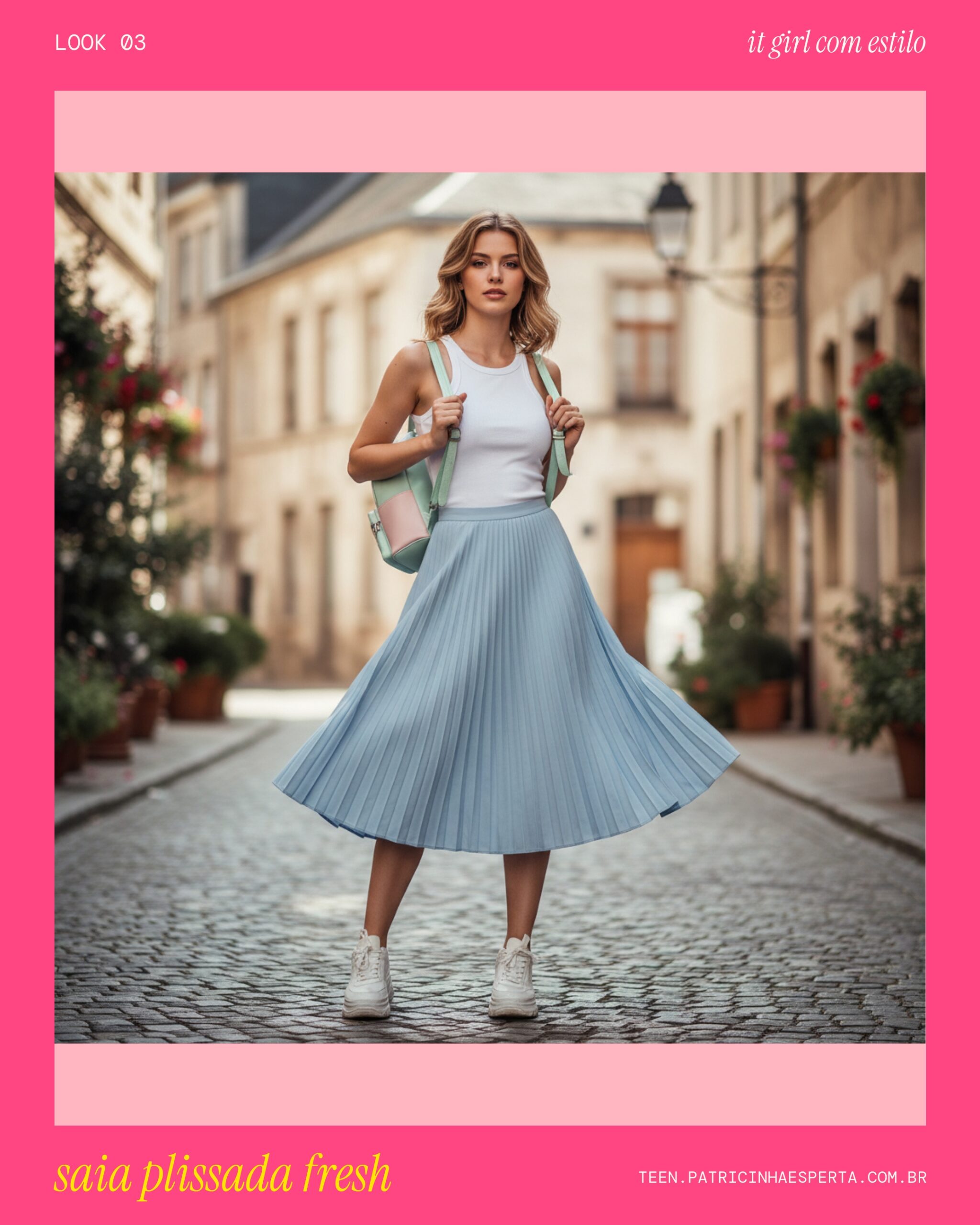 Look 3: Saia plissada e regata