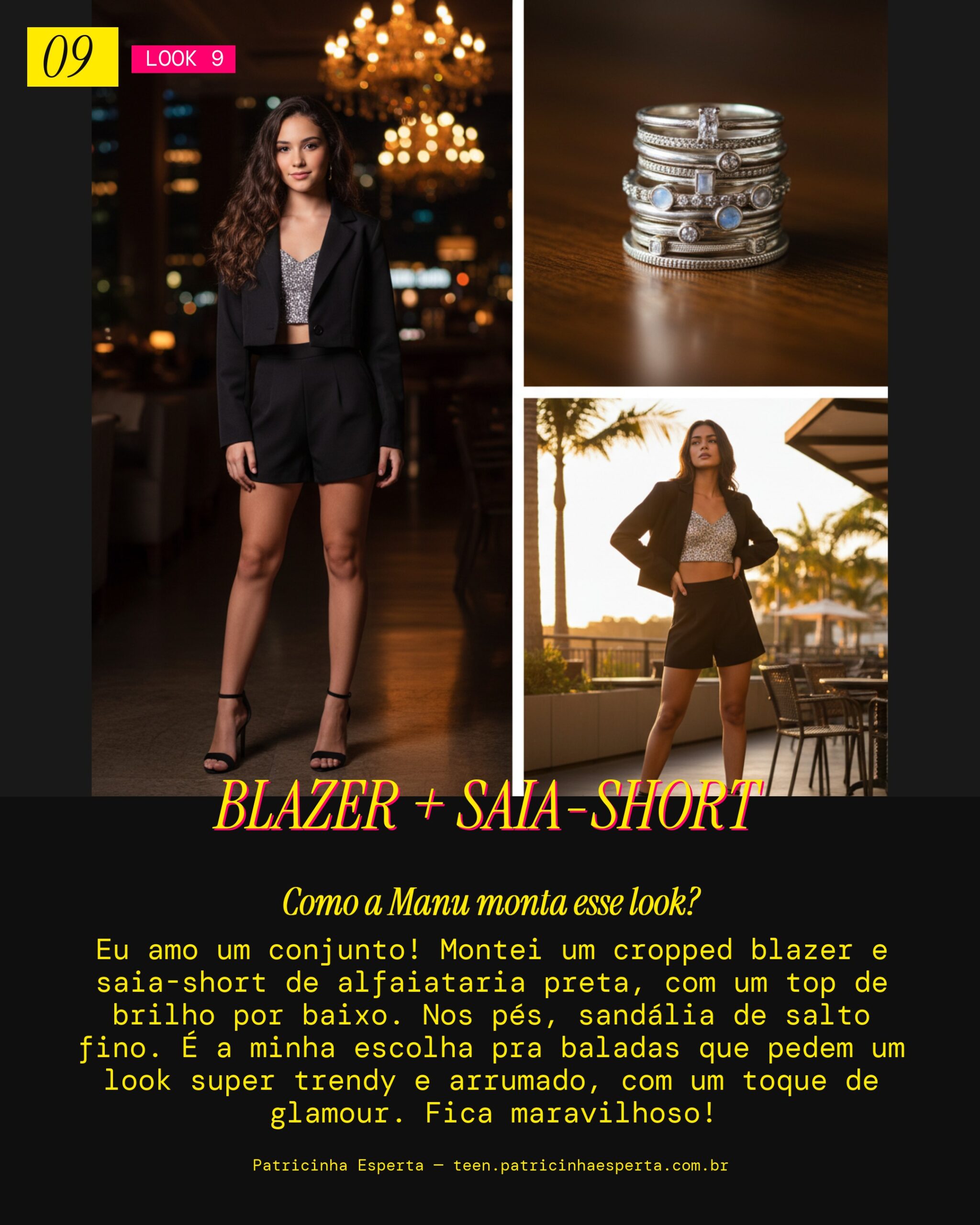 MANU RECOMENDA: Conjunto Cropped Blazer e Saia Short com Top de Brilho pra Balada Trendy