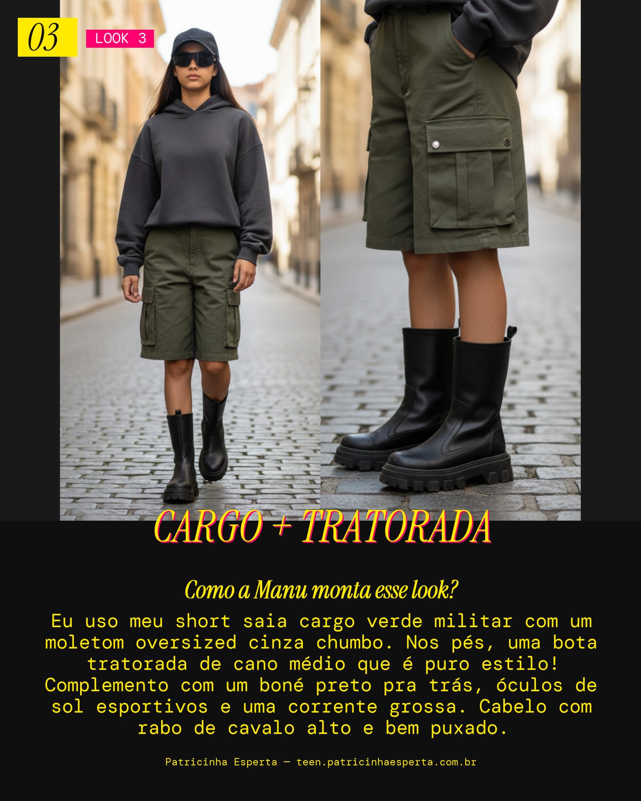 MANU RECOMENDA: Short Saia Cargo e Bota Tratorada Pra um Street Style