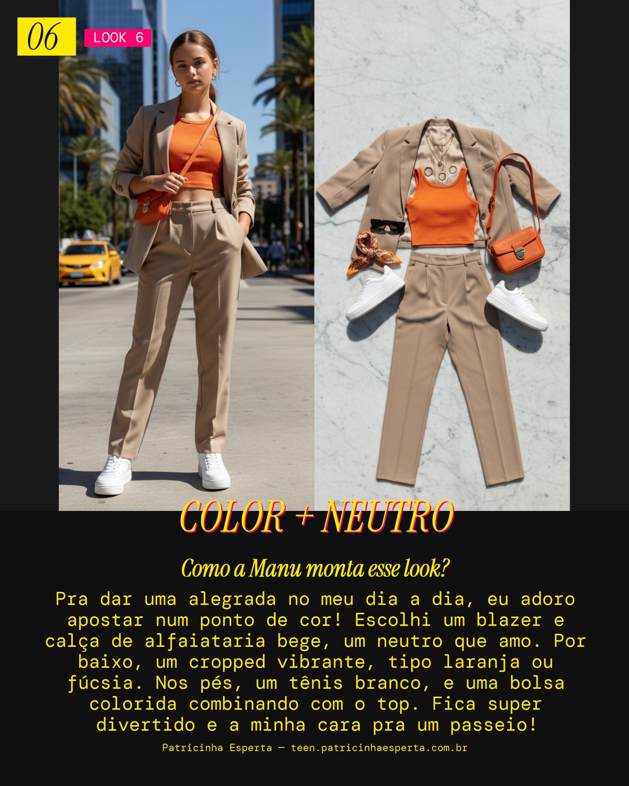 MANU RECOMENDA: Alfaiataria Neutra com Cropped Colorido pra Sair