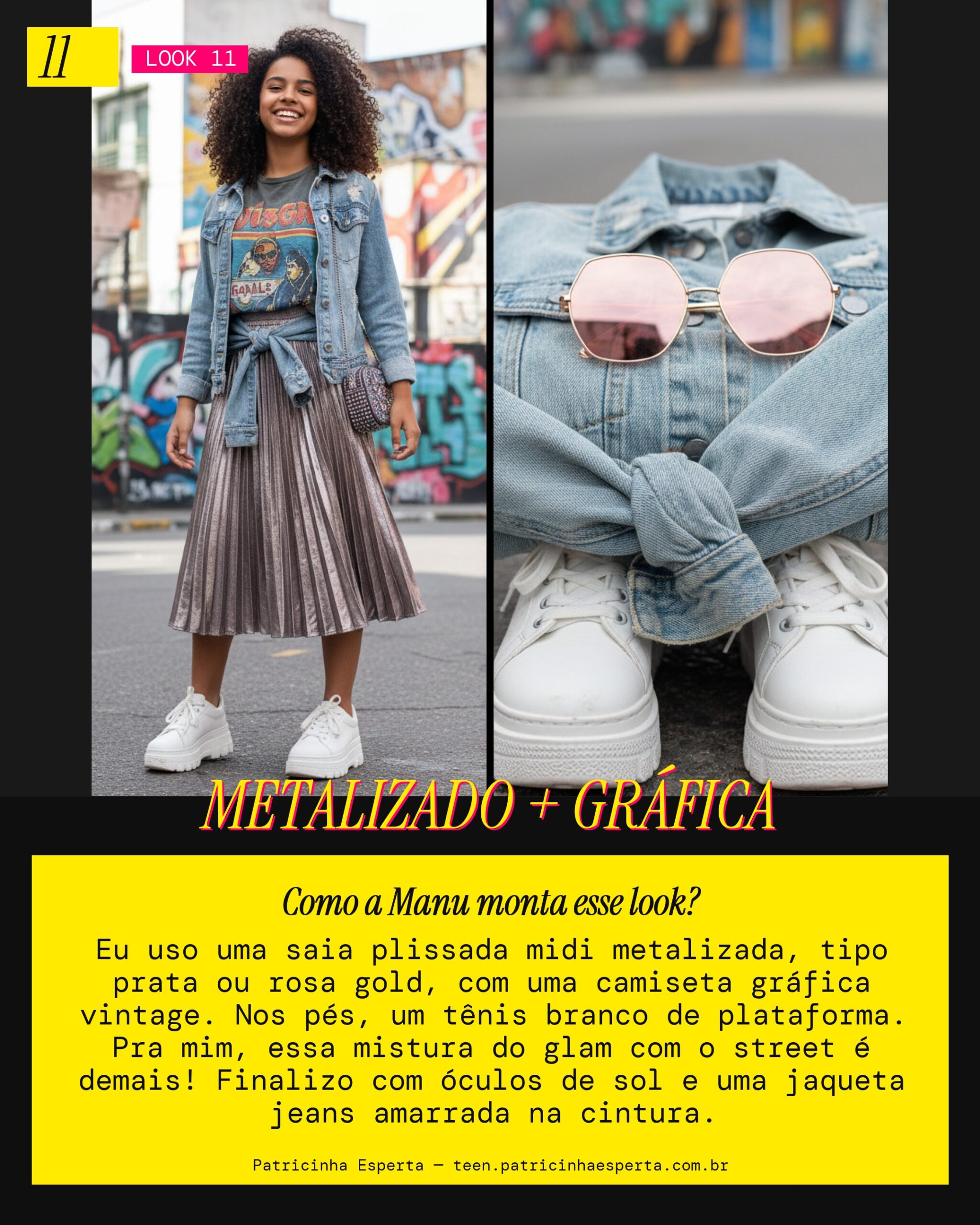 MANU RECOMENDA: Saia Plissada Metalizada + Camiseta Gráfica: Ousadia Coquette!