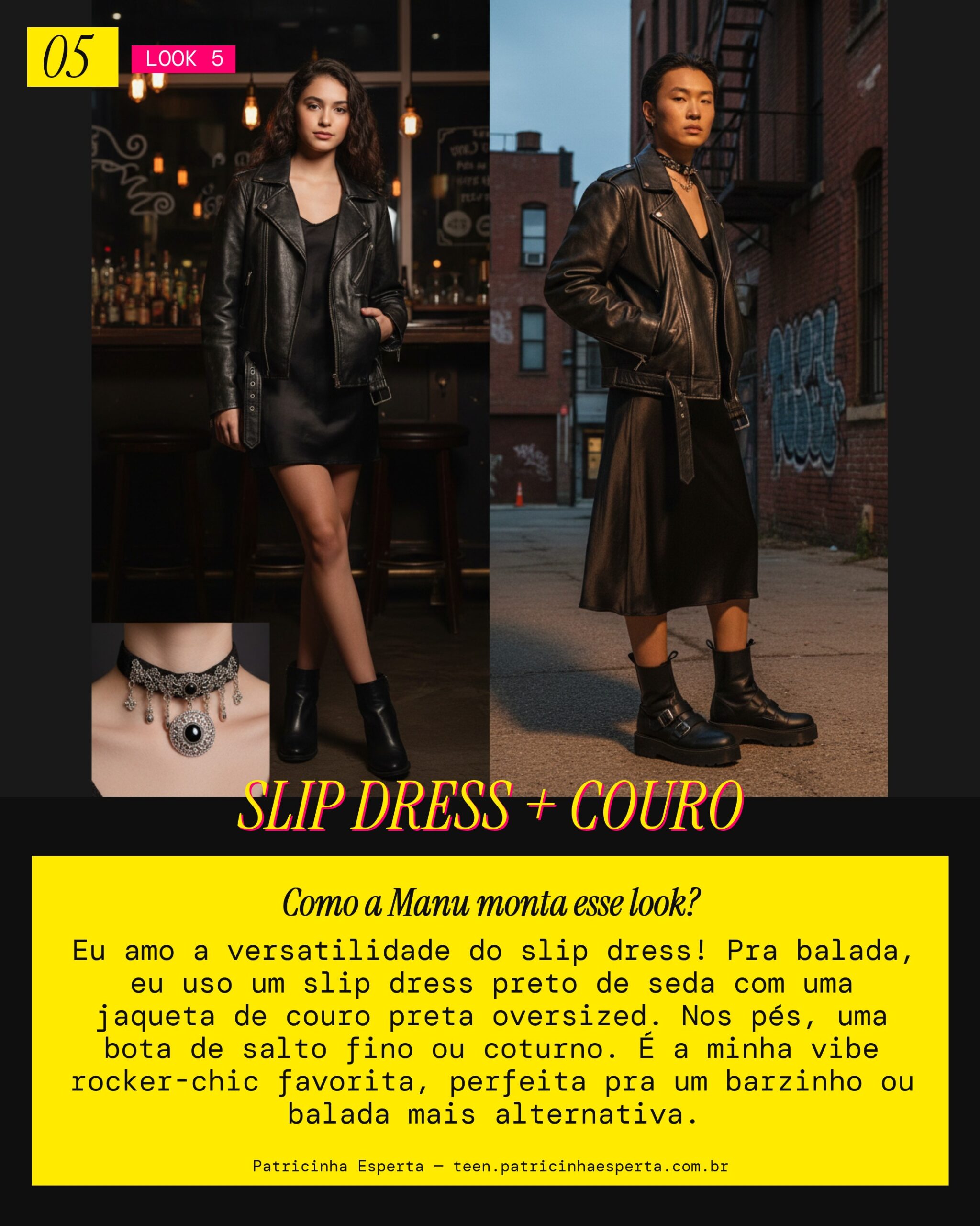 MANU RECOMENDA: Vestido Slip Dress e Jaqueta de Couro pra Balada Rocker/Chique
