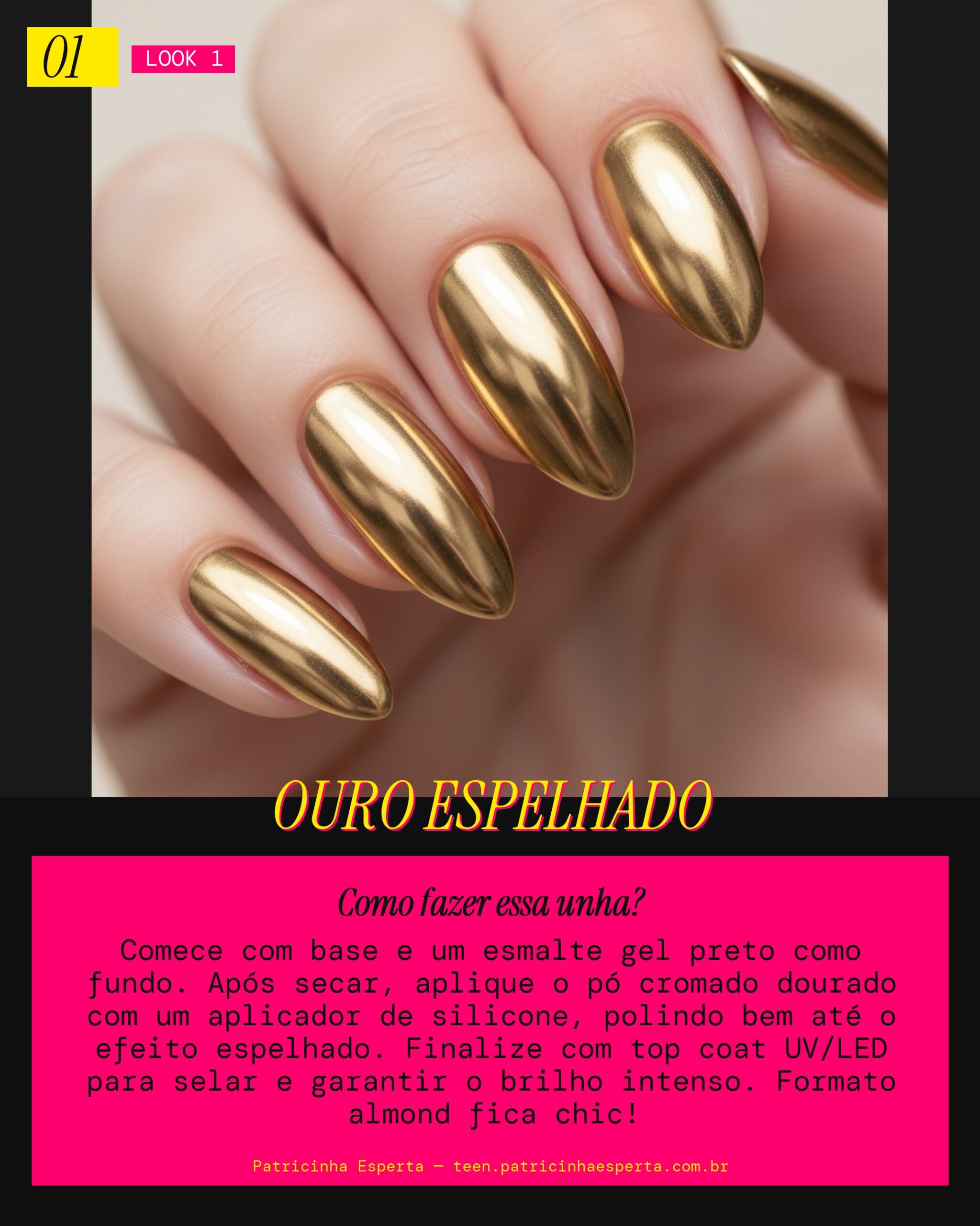 Dourado Clássico Espelhado: Ouro Puro nas Pontas dos Dedos