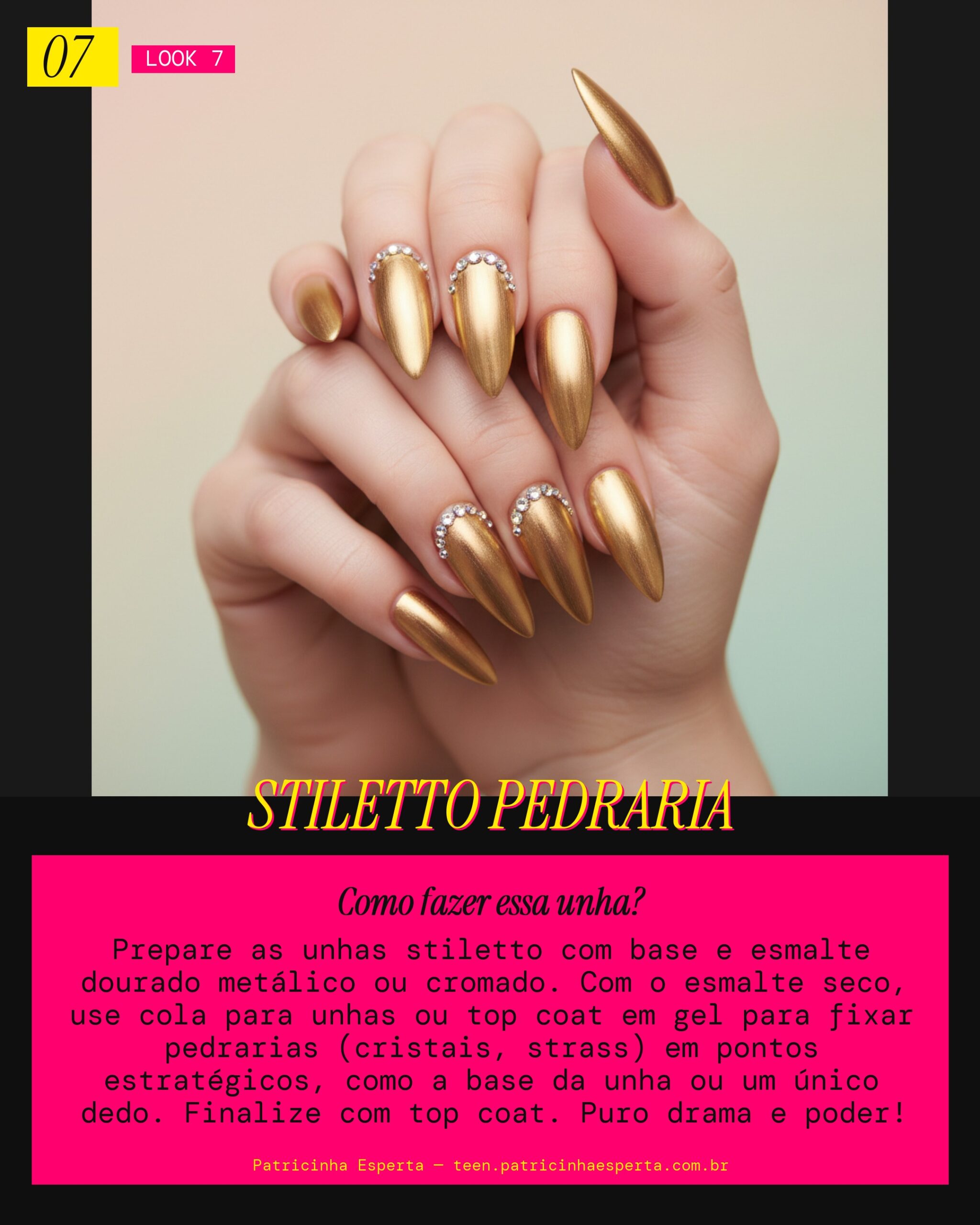 Unhas Stiletto Douradas com Detalhe de Pedraria: Drama e Glamour