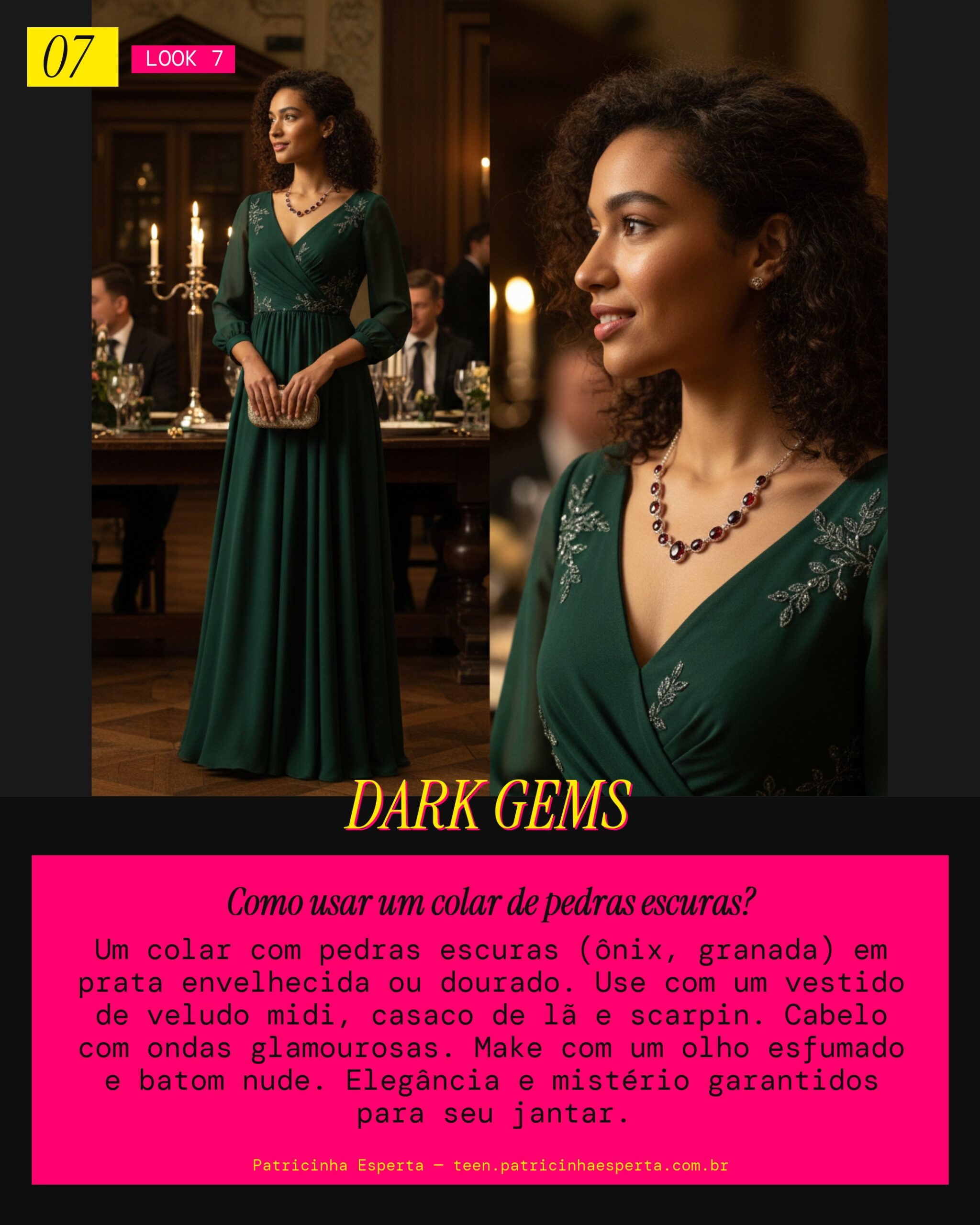 Look 7: Colar com Pedras Escuras: Elegância Misteriosa no Jantar