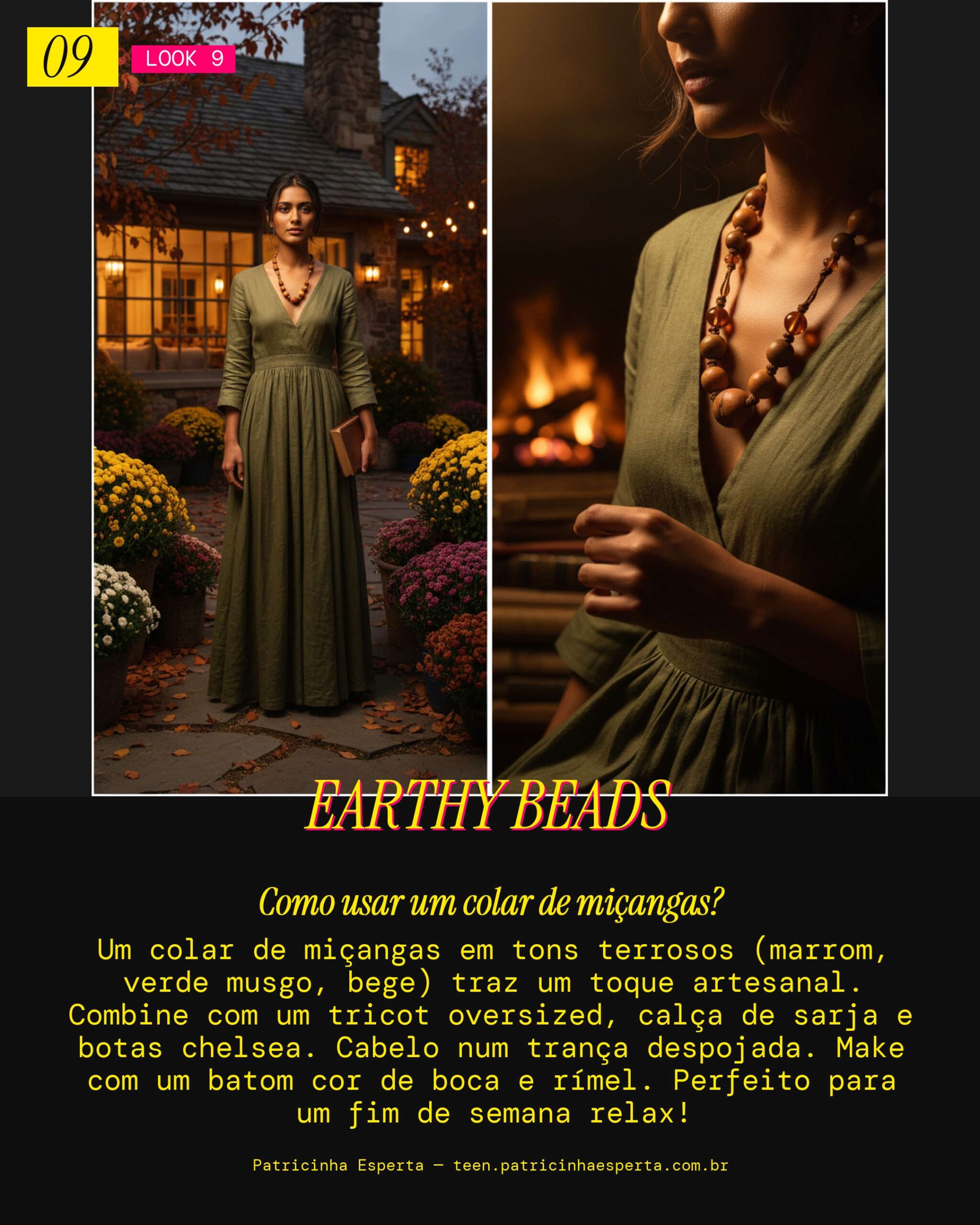 Look 9: Colar de Miçangas Marrom/Verde: Cozy e Natural na Casa de Campo