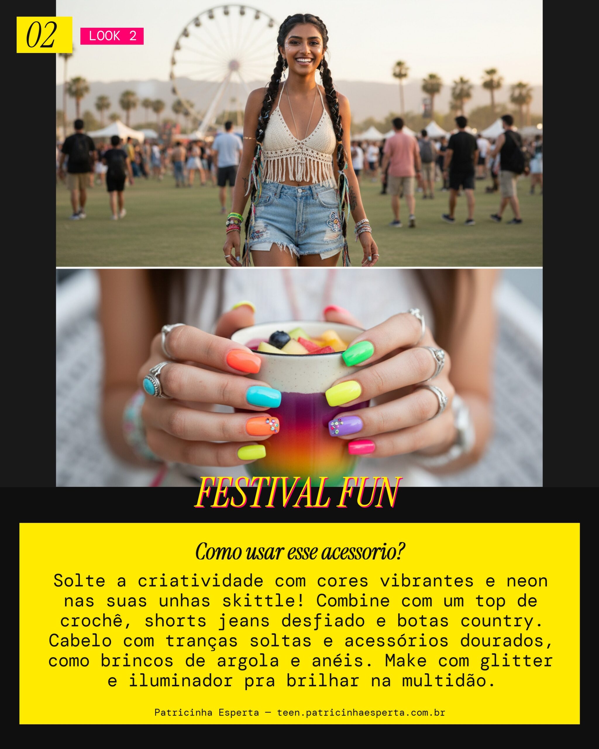 Unhas Skittle Rainbow: Festival Vibe Boho Chic
