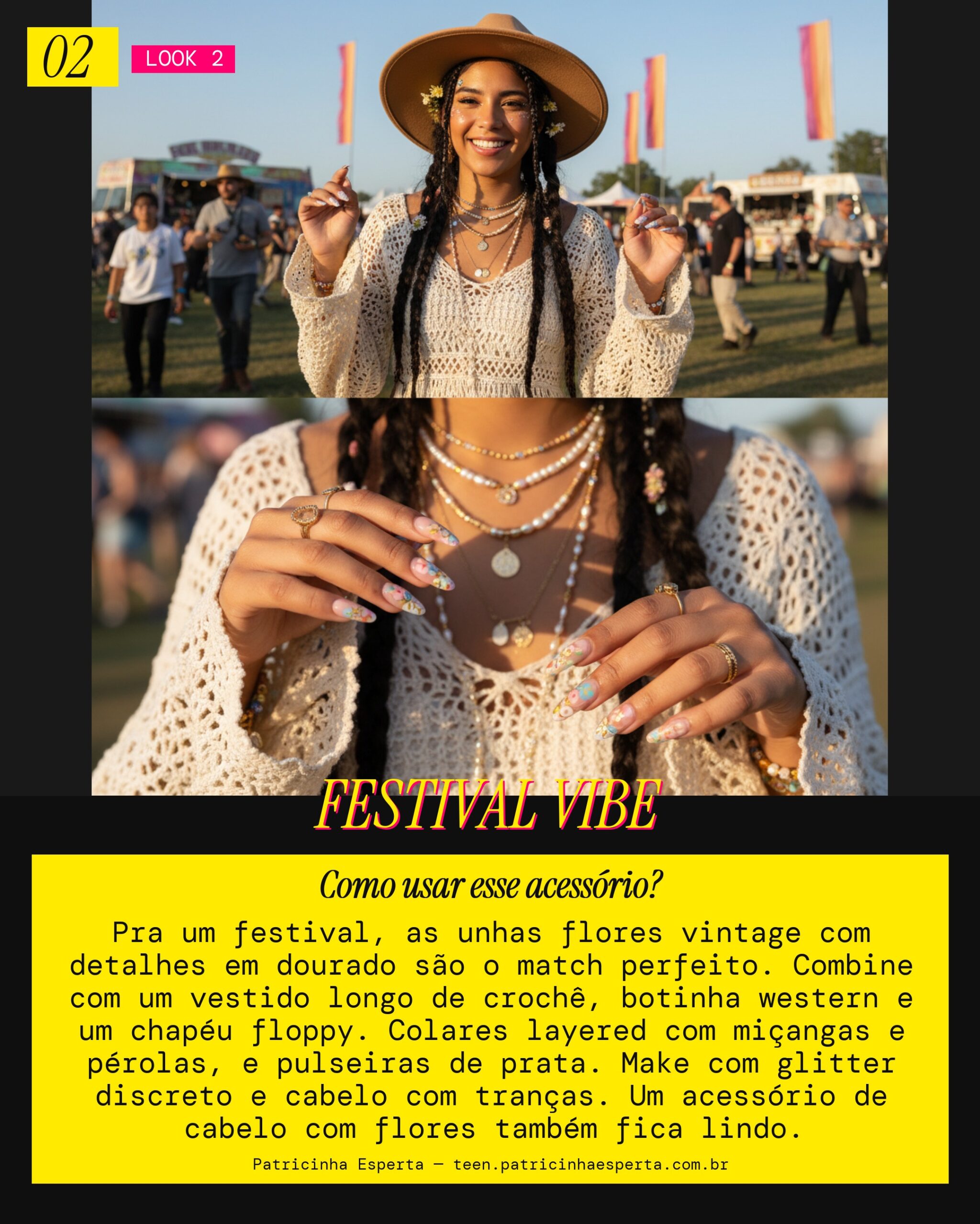 Unhas Flores Vintage: Festival Boho Descolado