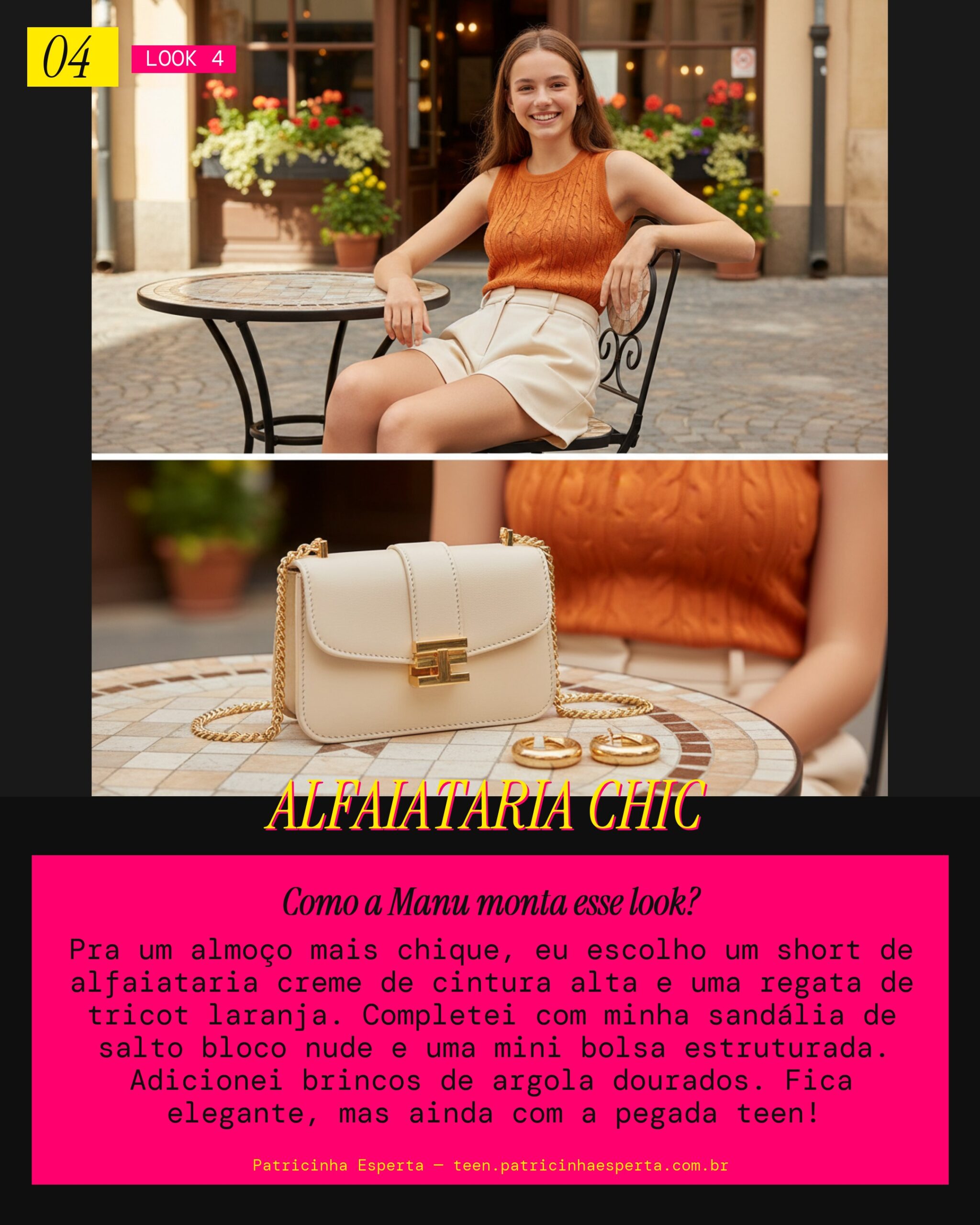 MANU RECOMENDA: Short Alfaiataria Creme e Regata Tricot Laranja Pro Almoço Chique