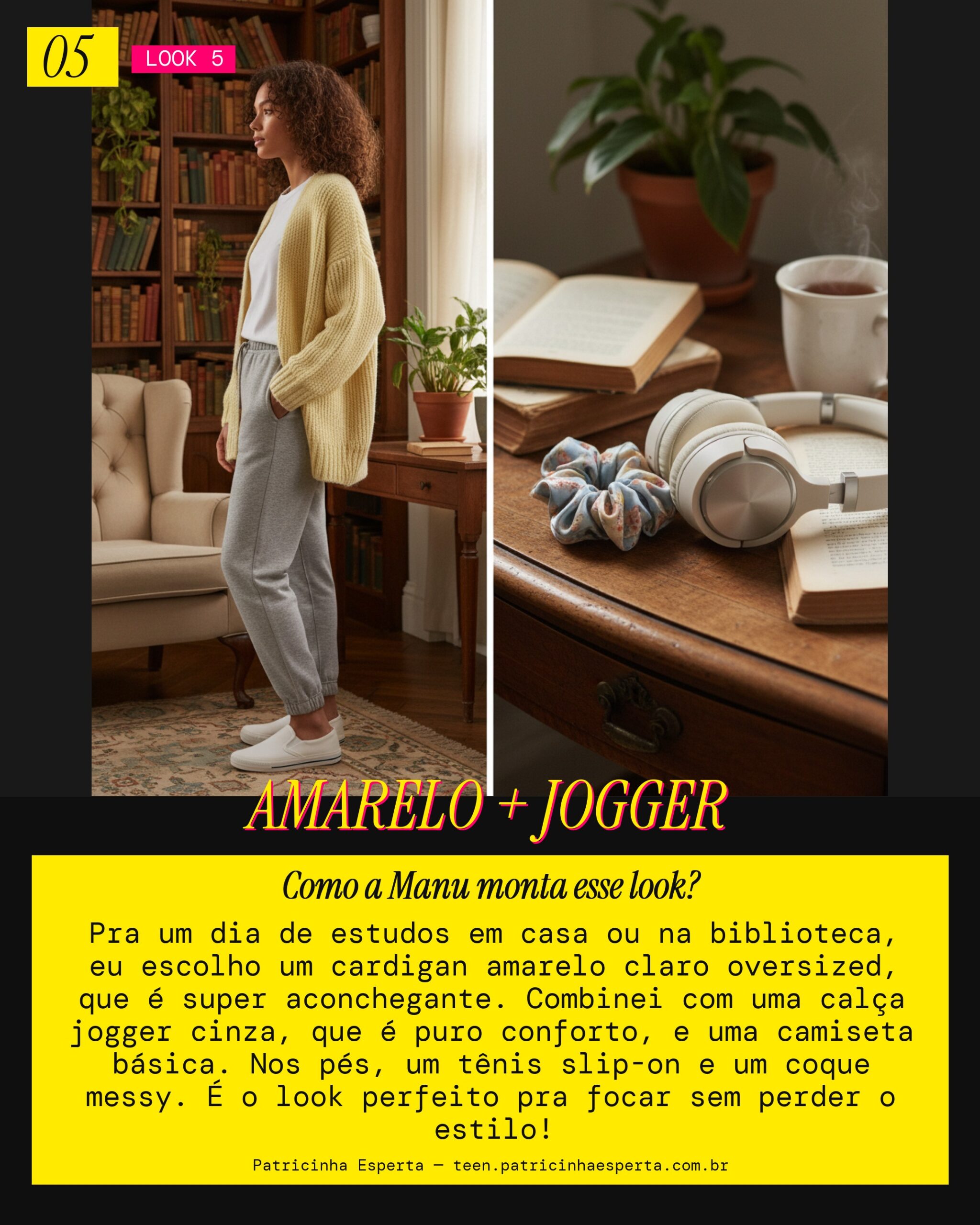 MANU RECOMENDA: Cardigan Amarelo Claro Oversized e Calça Jogger Pra Estudar