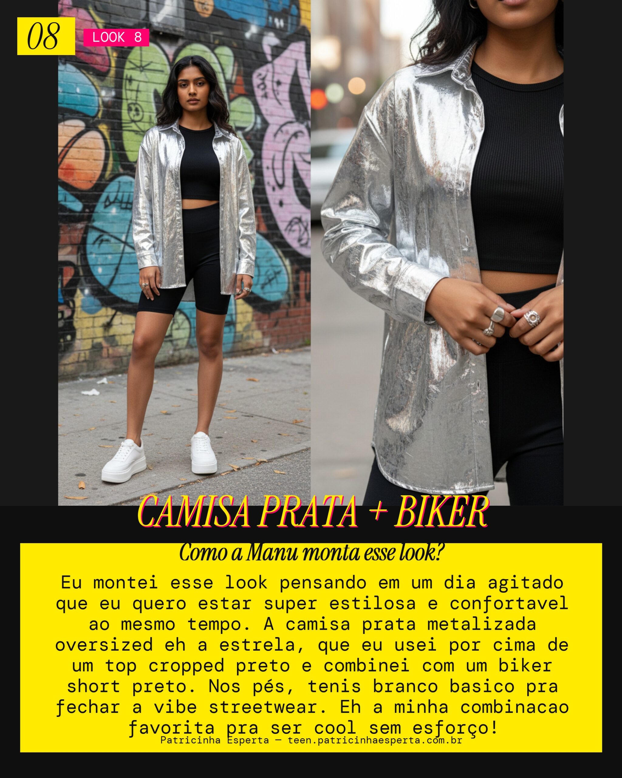 MANU RECOMENDA: Camisa Prata Oversized com Biker Shorts pra um Look Streetwear Cool