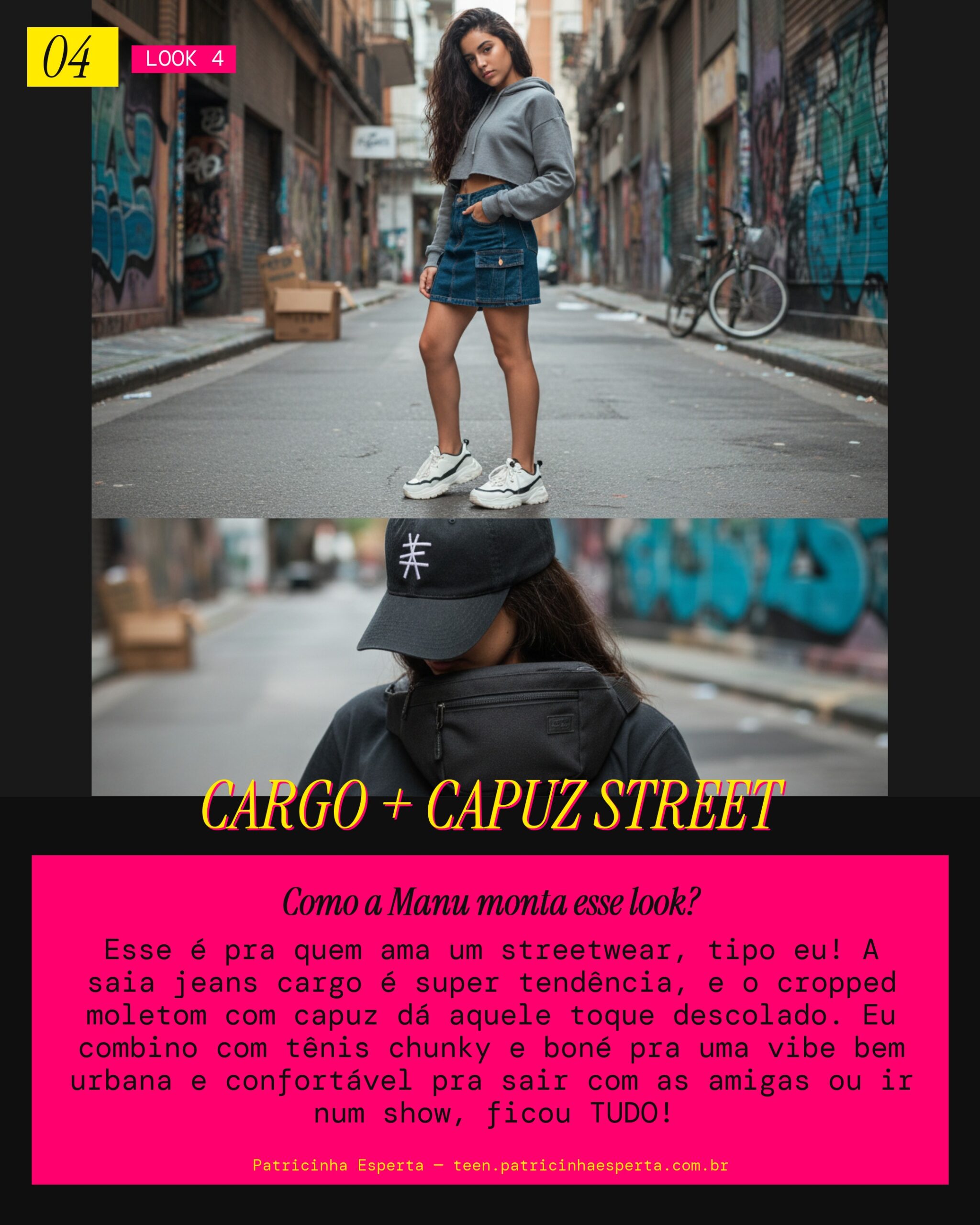 MANU RECOMENDA: Saia Jeans Cargo e Cropped com Capuz Street