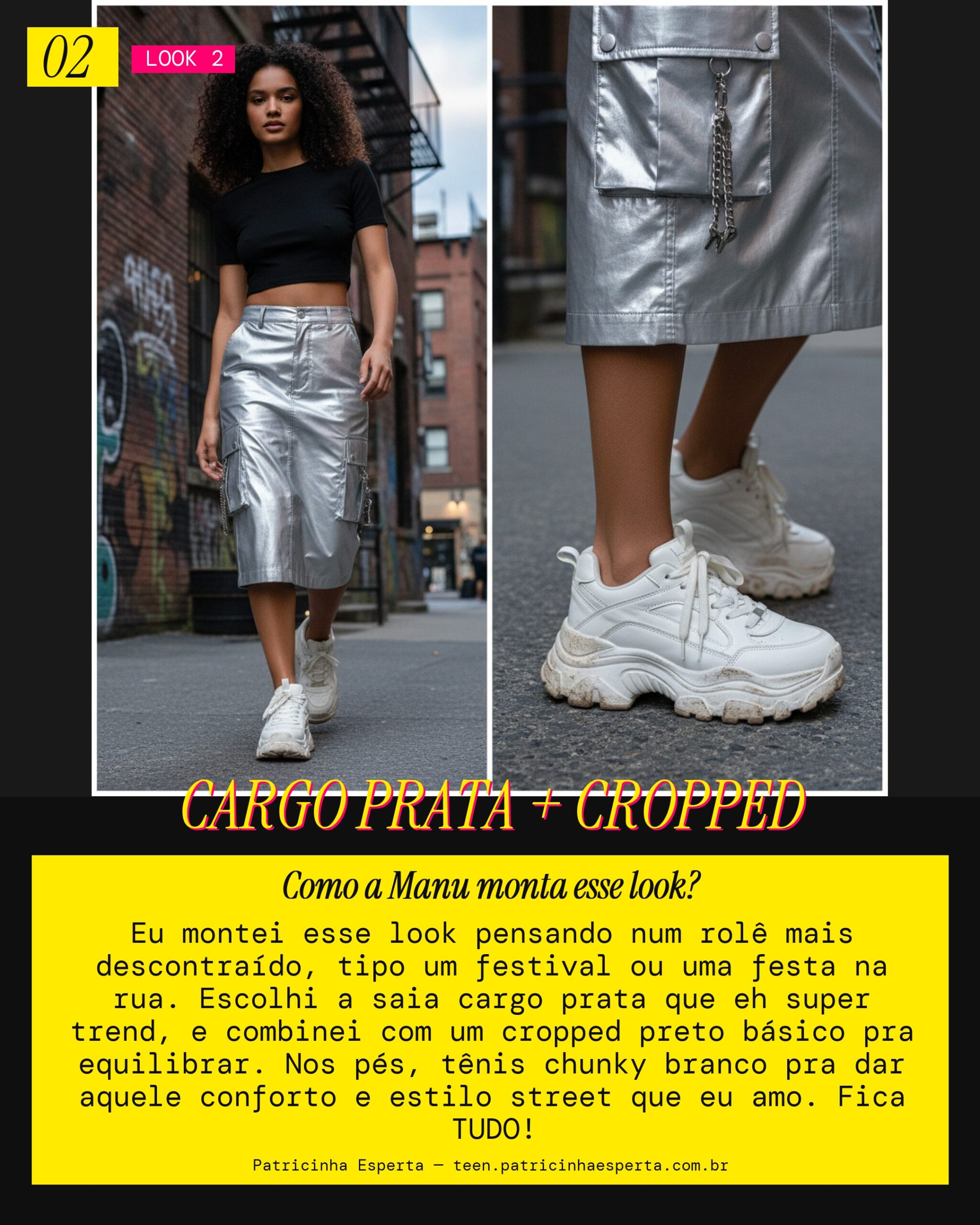 MANU RECOMENDA: Saia Cargo Prata com Top Cropped pra um Rolê Descolado