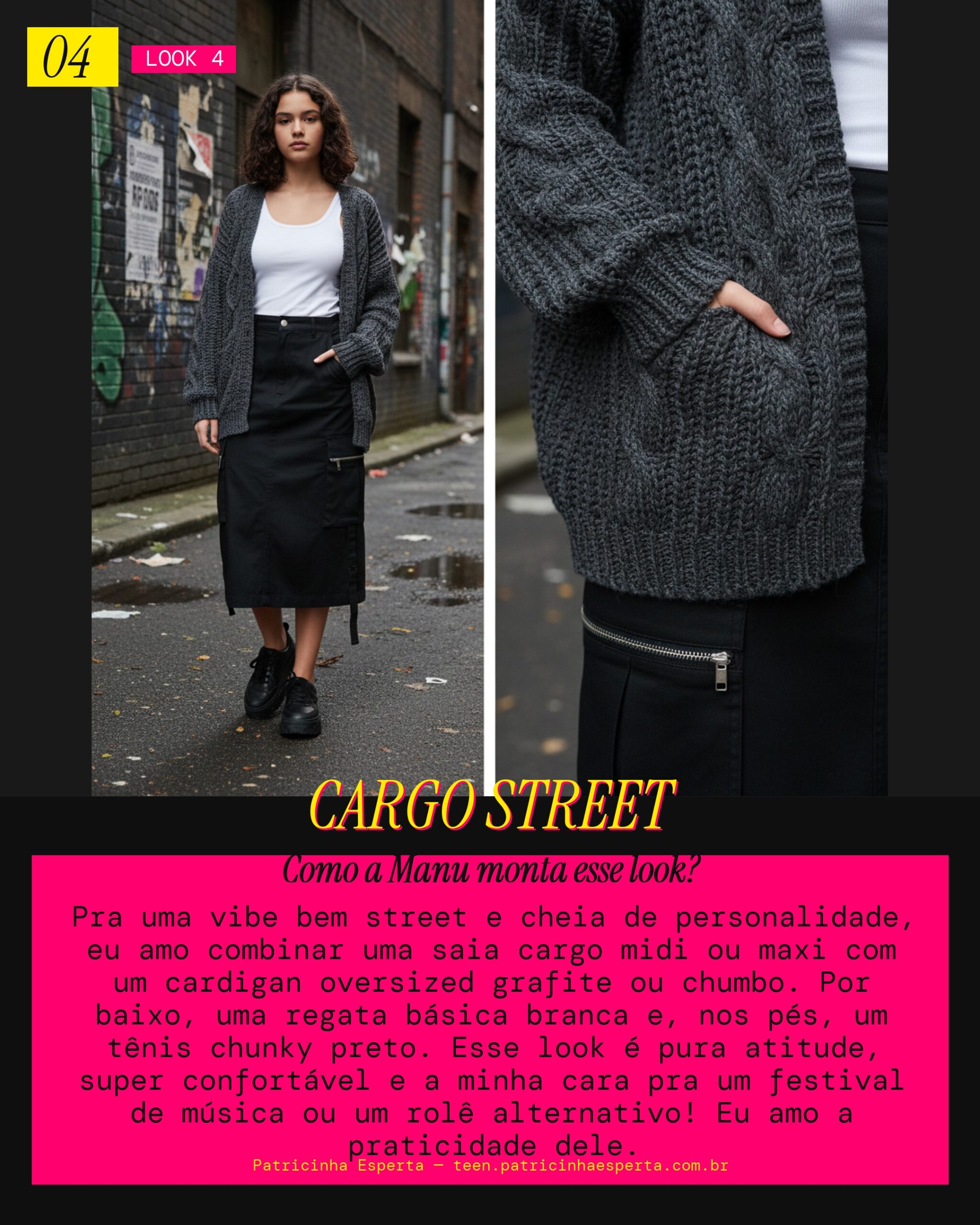 MANU RECOMENDA: Cardigan grafite com saia cargo pra Vibe Street
