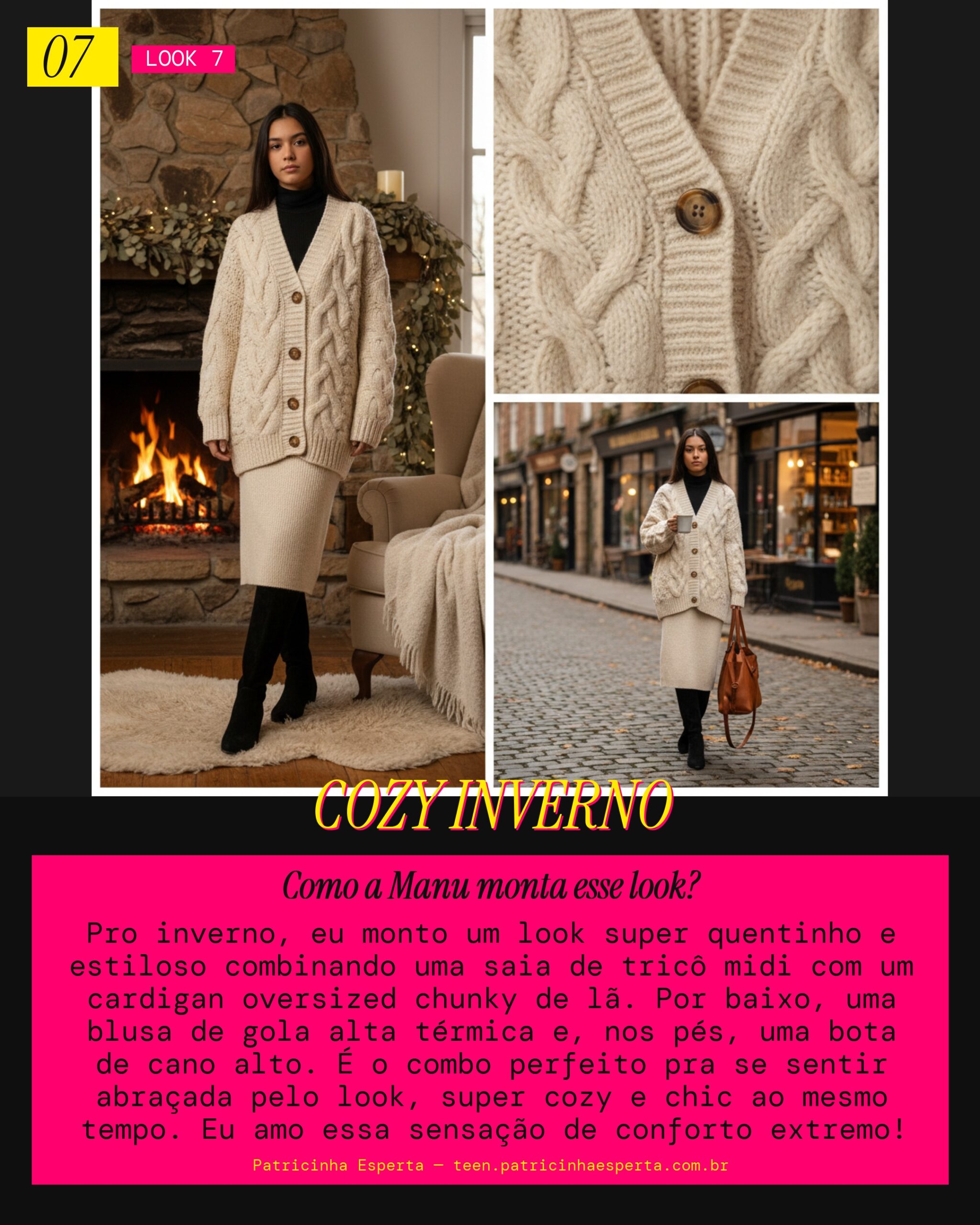 MANU RECOMENDA: Cardigan chunky com saia de tricô pra Inverno Confortável