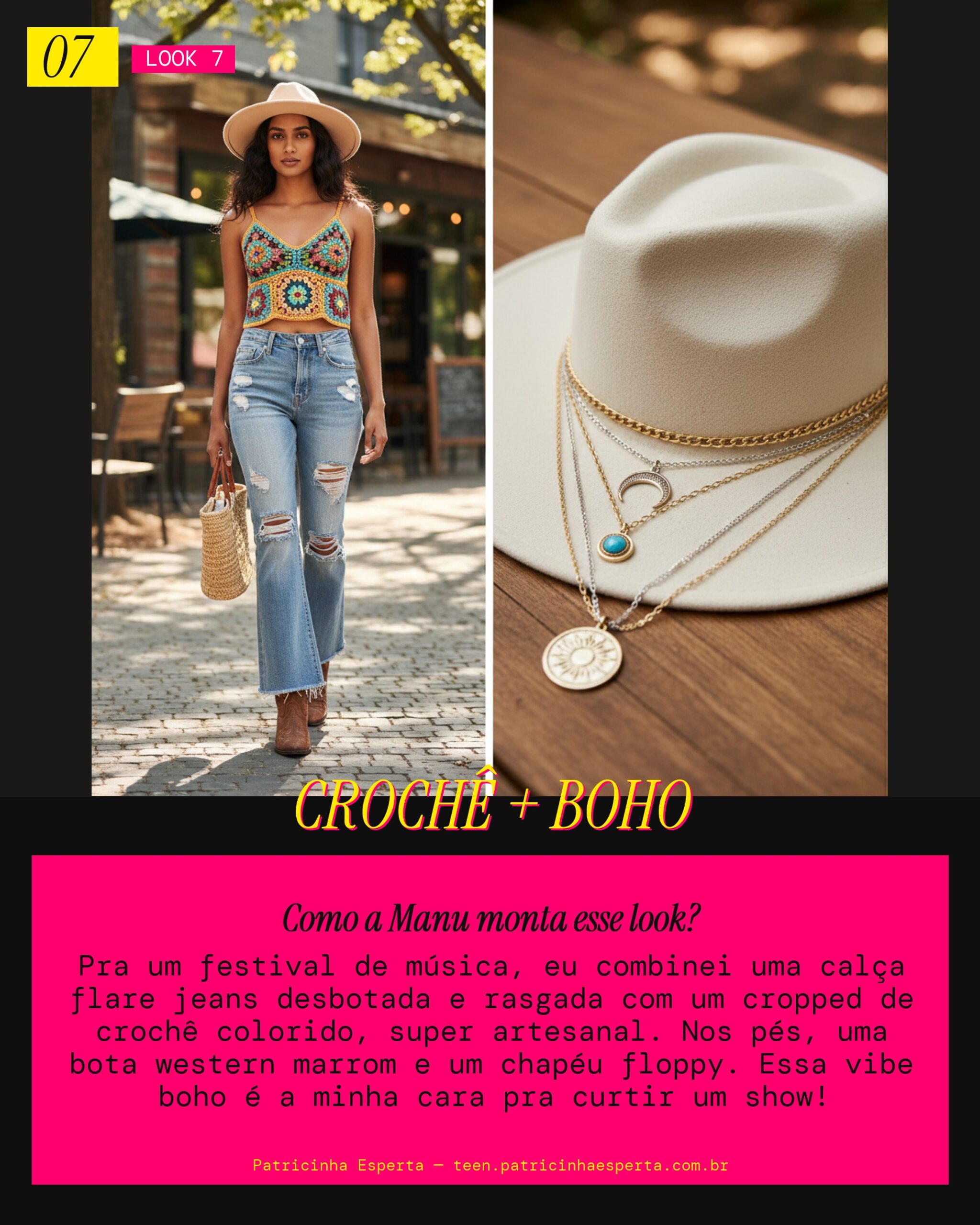 MANU RECOMENDA: Cropped de Crochê + Flare Jeans Desbotado pra Festival