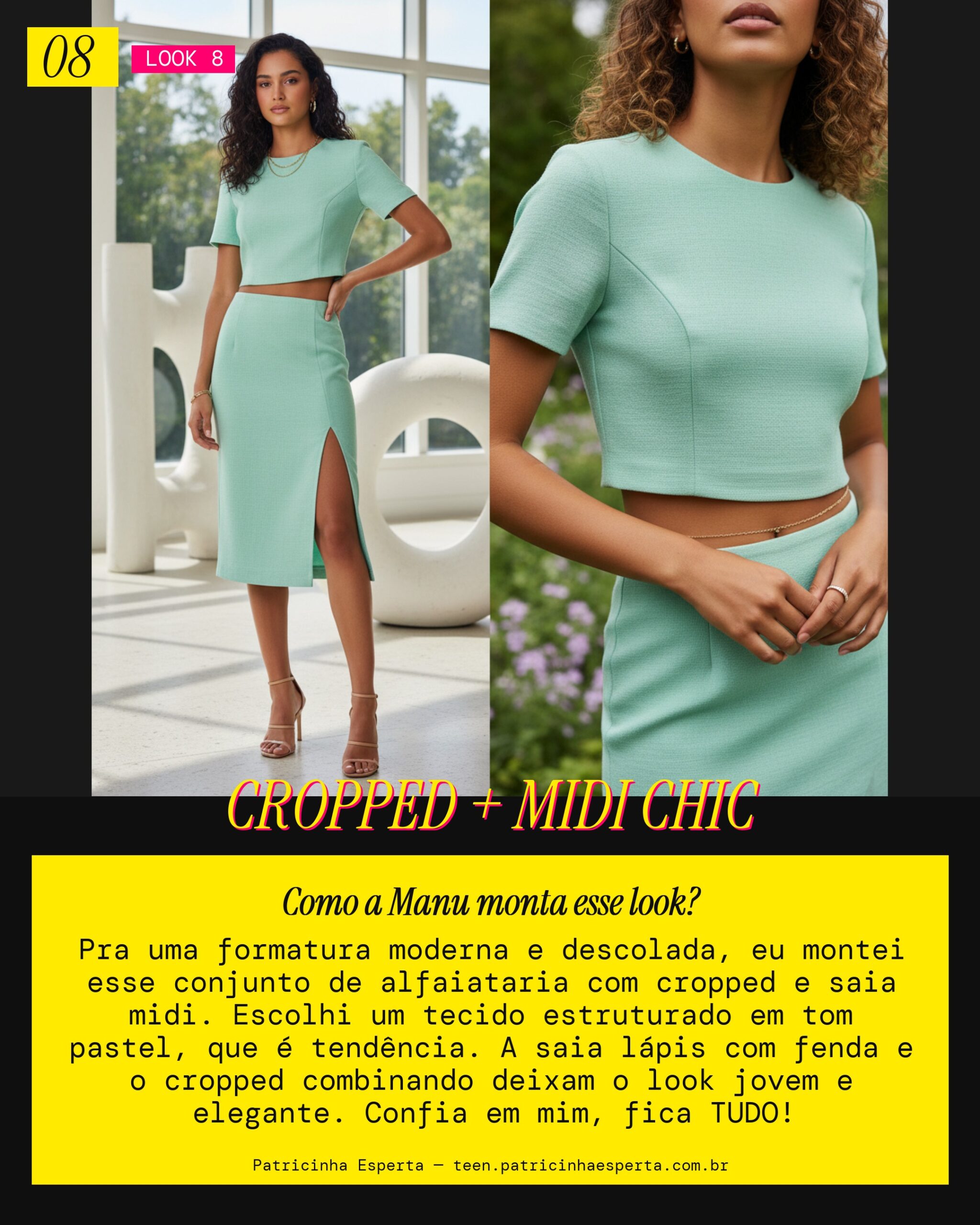 MANU RECOMENDA: Conjunto Cropped de Alfaiataria e Saia Midi pra Formatura Moderna
