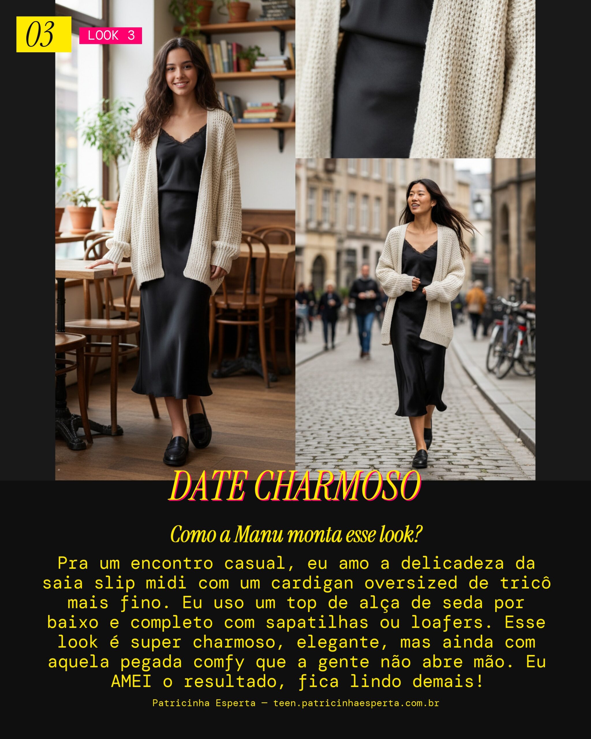 MANU RECOMENDA: Cardigan fino com saia slip midi pra um Encontro Casual