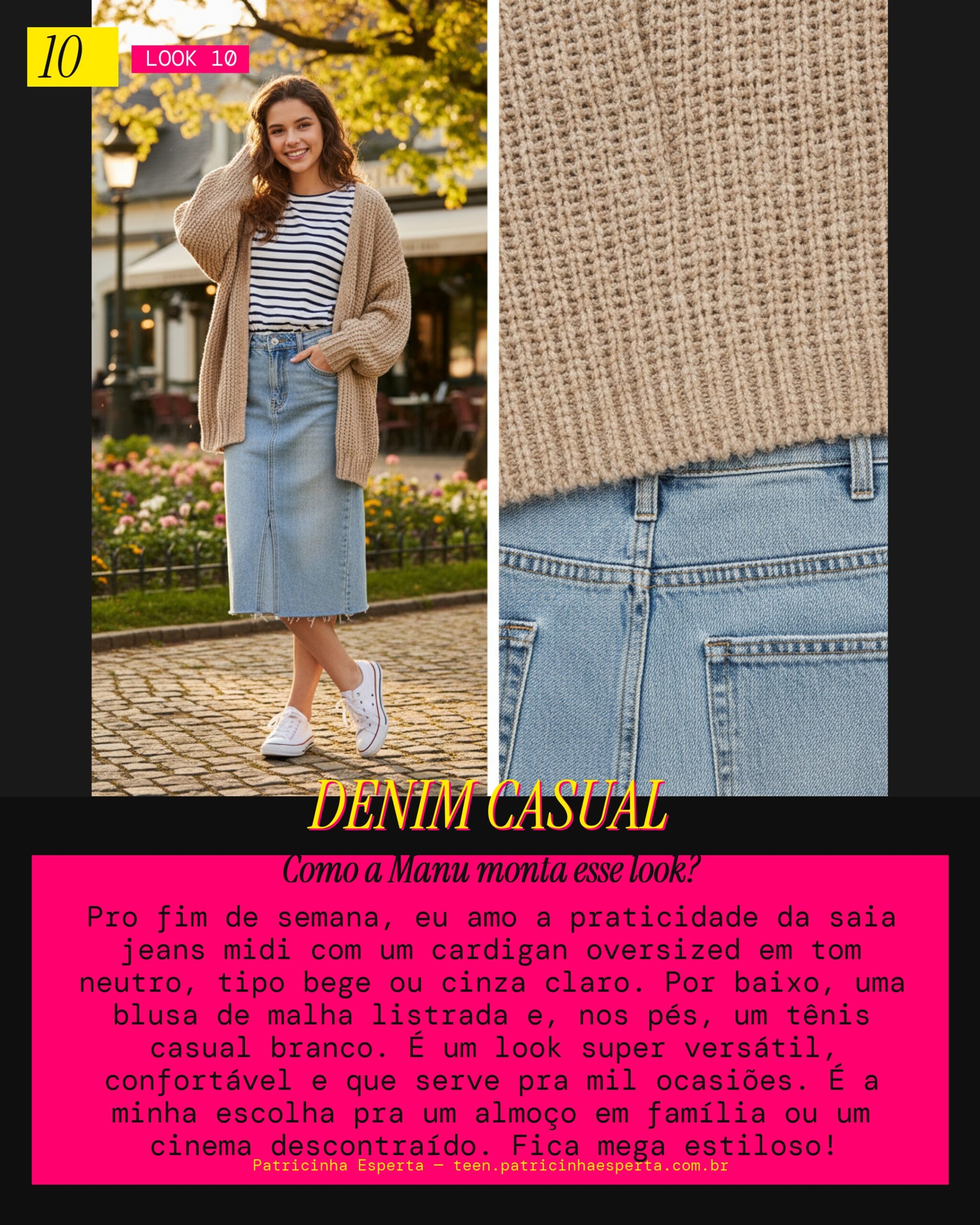 MANU RECOMENDA: Cardigan neutro com saia jeans midi pra um Fim de Semana