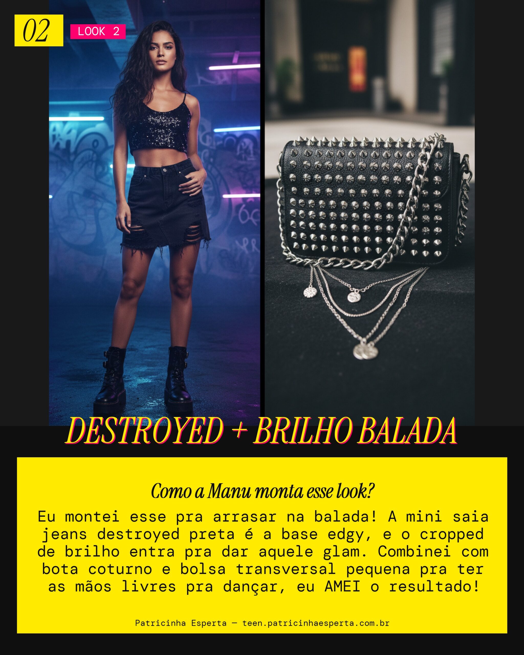 MANU RECOMENDA: Mini Saia Jeans Destroyed e Cropped Brilho pra Balada