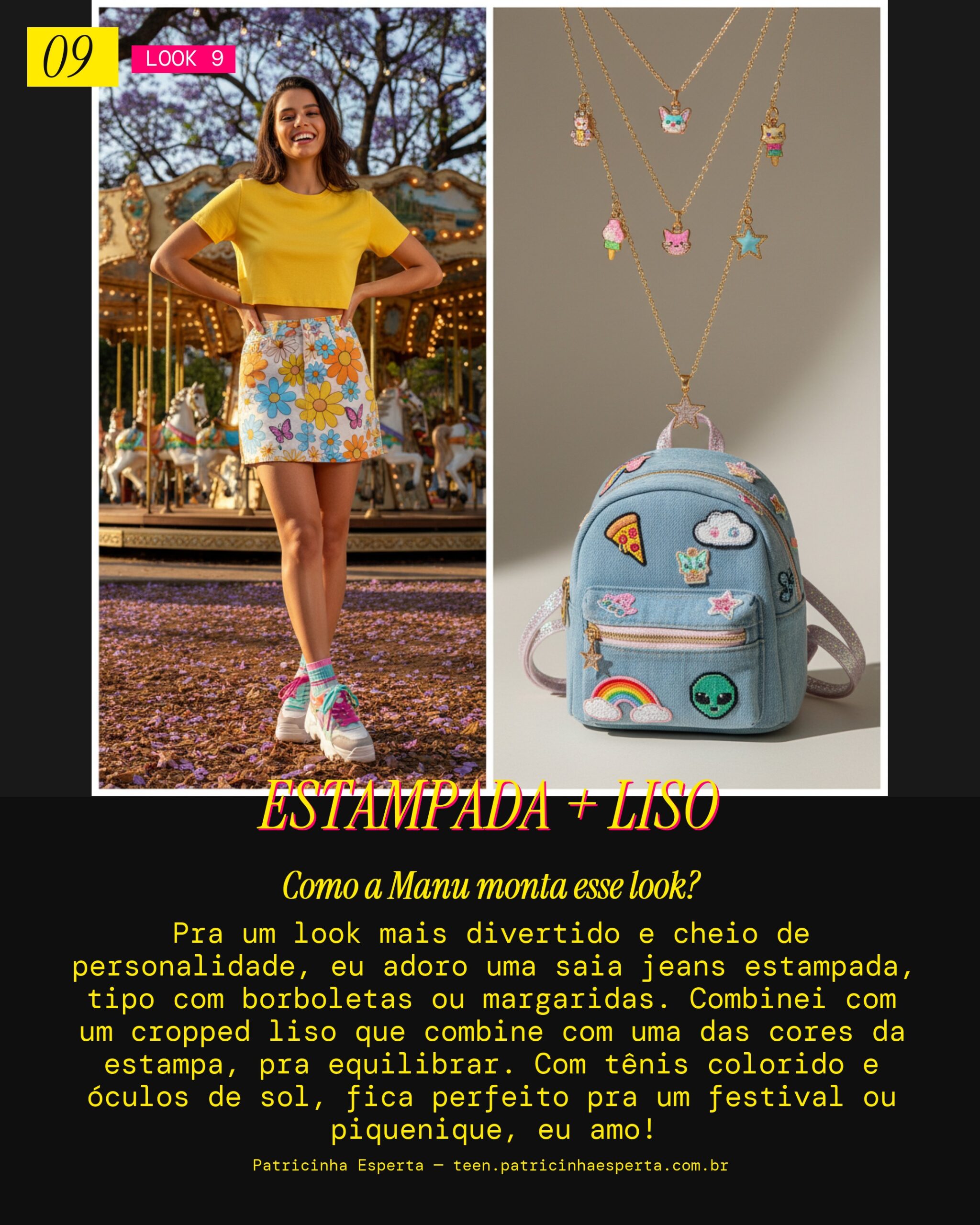 MANU RECOMENDA: Saia Jeans Estampada e Cropped Liso Divertido