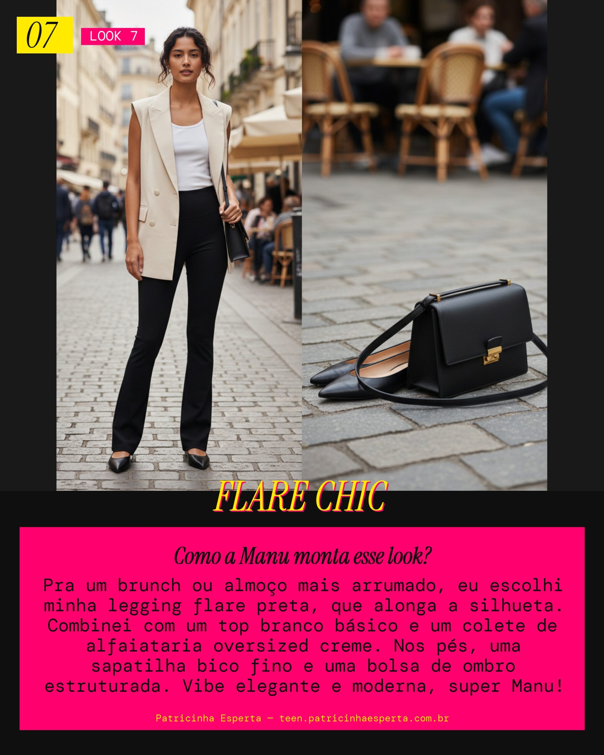 MANU RECOMENDA: Legging Flare com Colete de Alfaiataria Oversized pra um Brunch