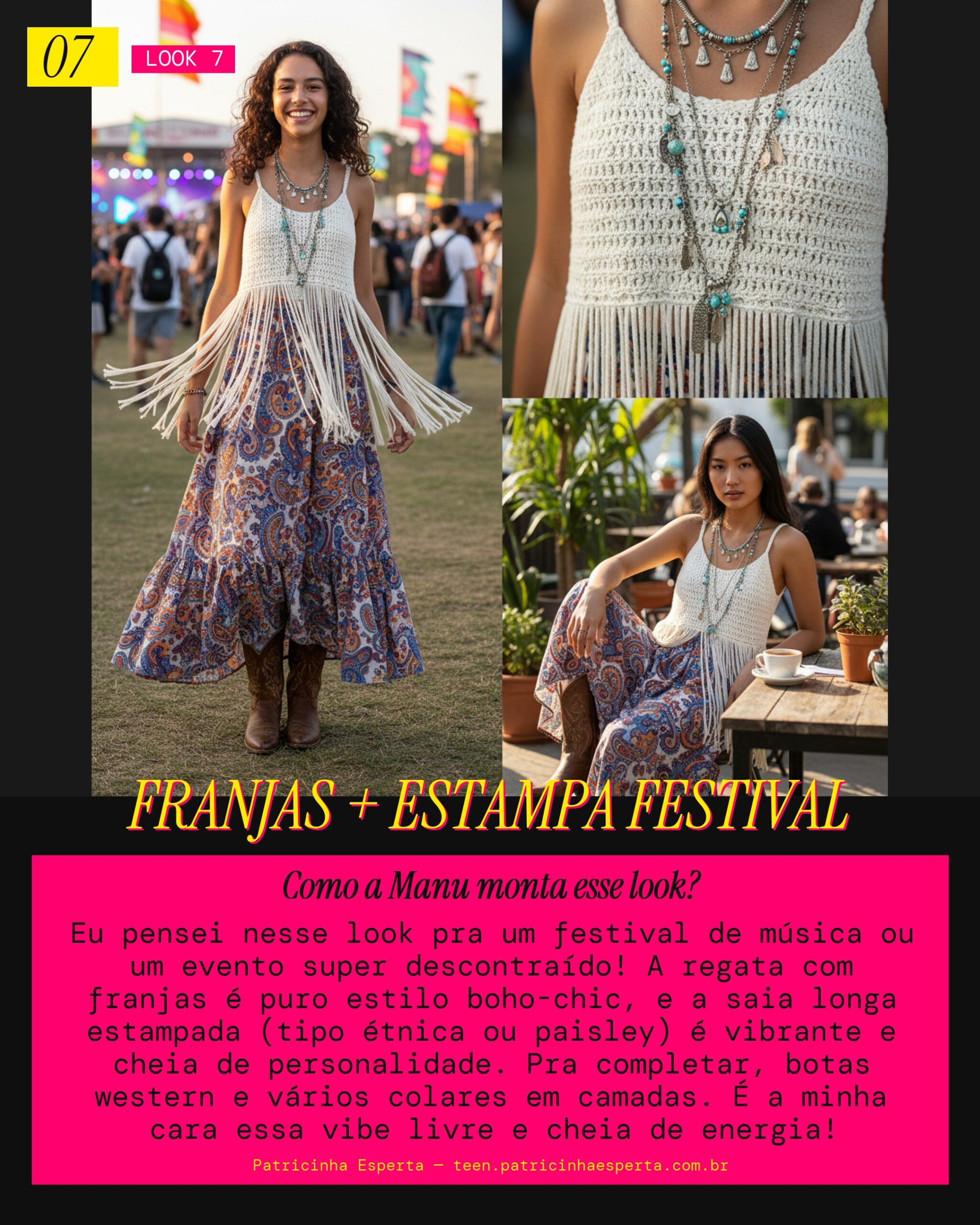 MANU RECOMENDA: Regata com Franjas e Saia Estampada Pra Festival