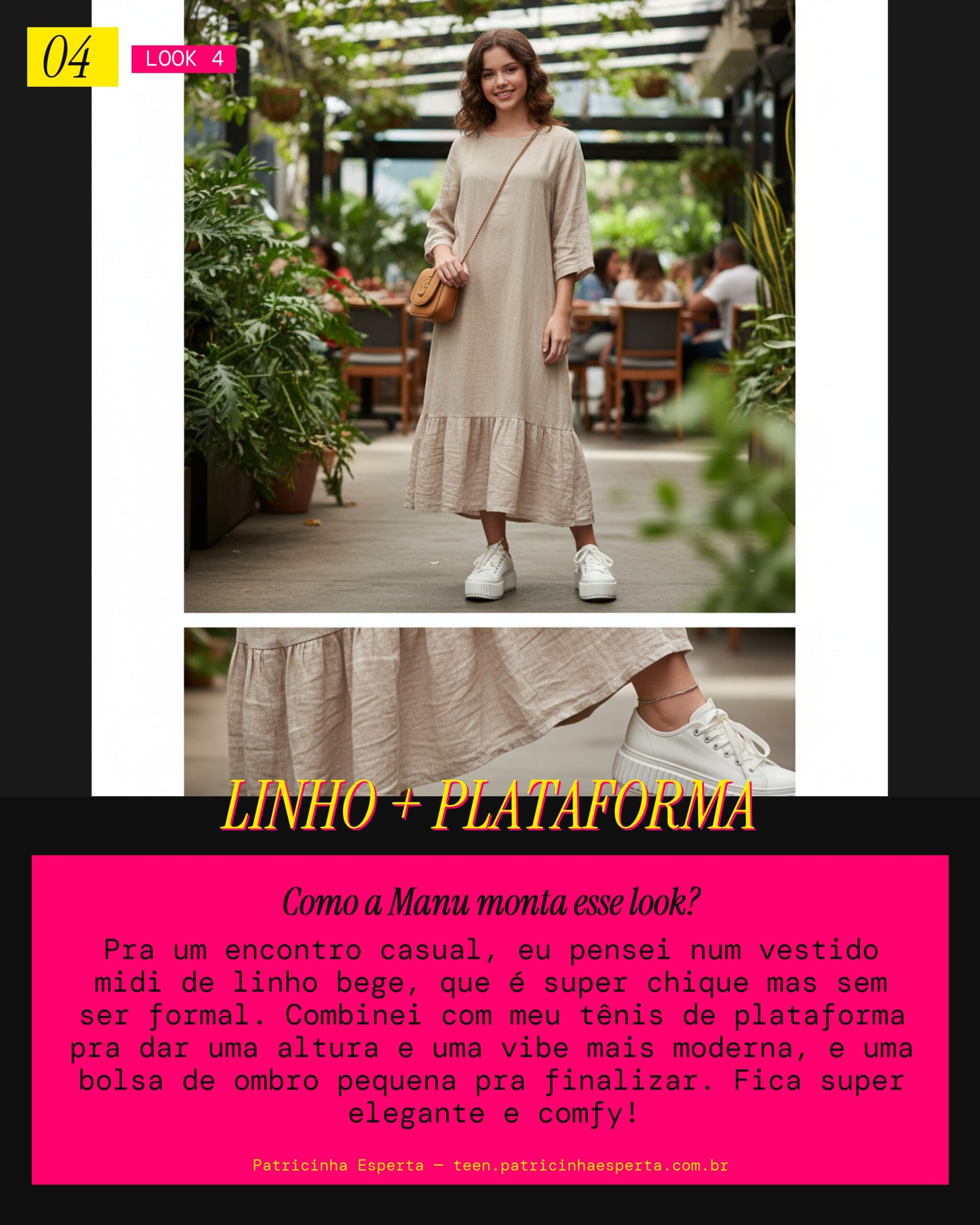 MANU RECOMENDA: Midi de Linho com Tenis de Plataforma pra um Encontro Casual