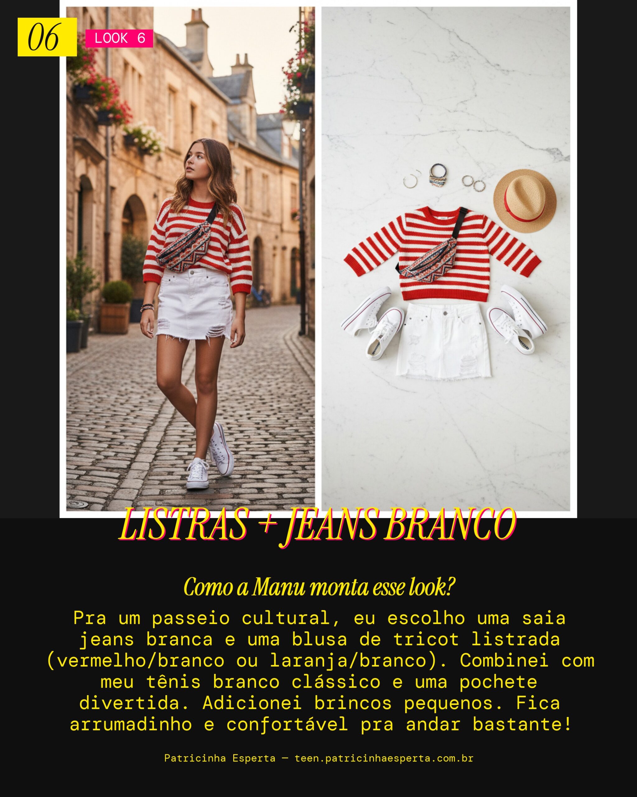 MANU RECOMENDA: Saia Jeans Branca e Blusa de Tricot Listrada Pra um Passeio Cultural