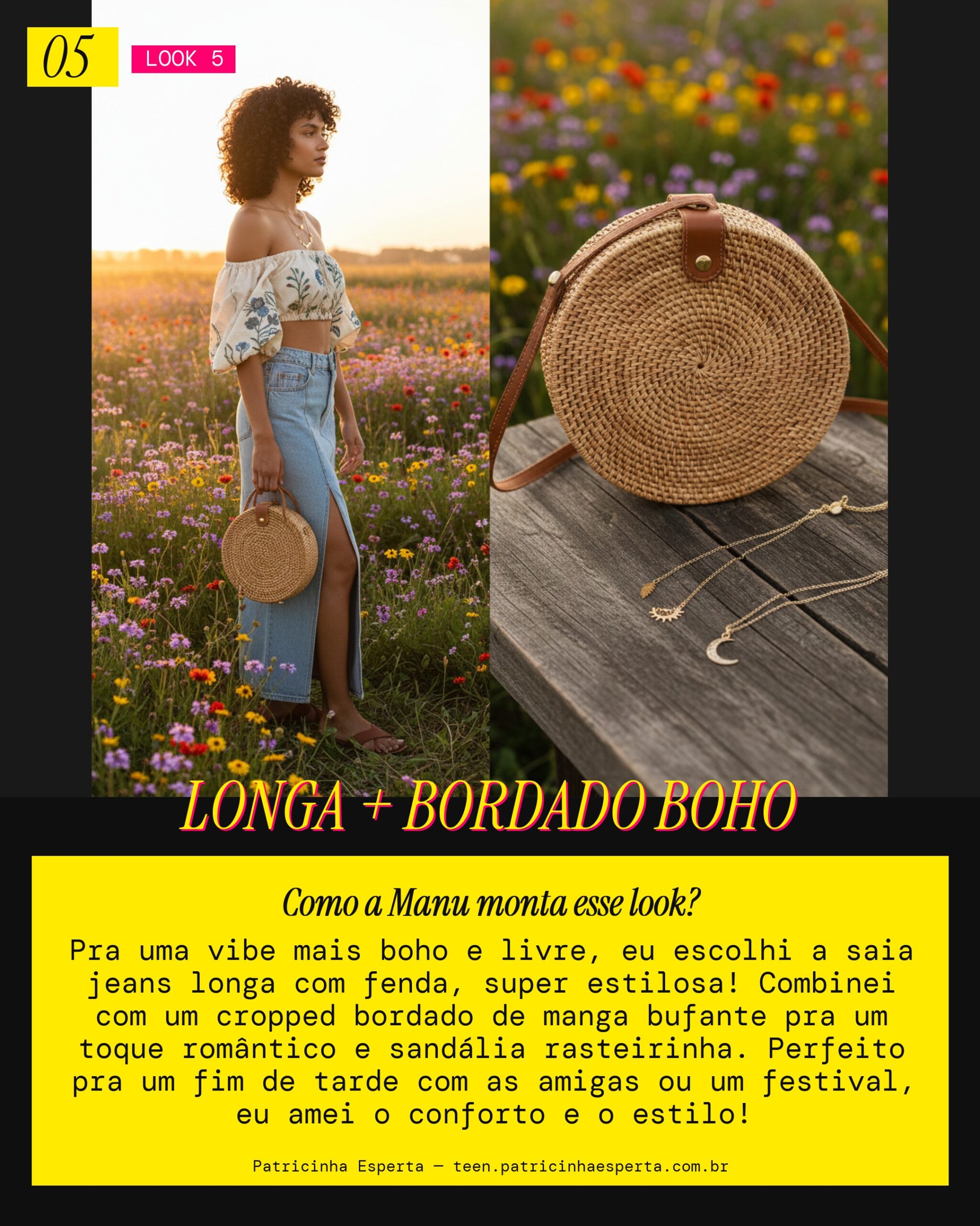 MANU RECOMENDA: Saia Jeans Longa e Cropped Bordado Boho Chic
