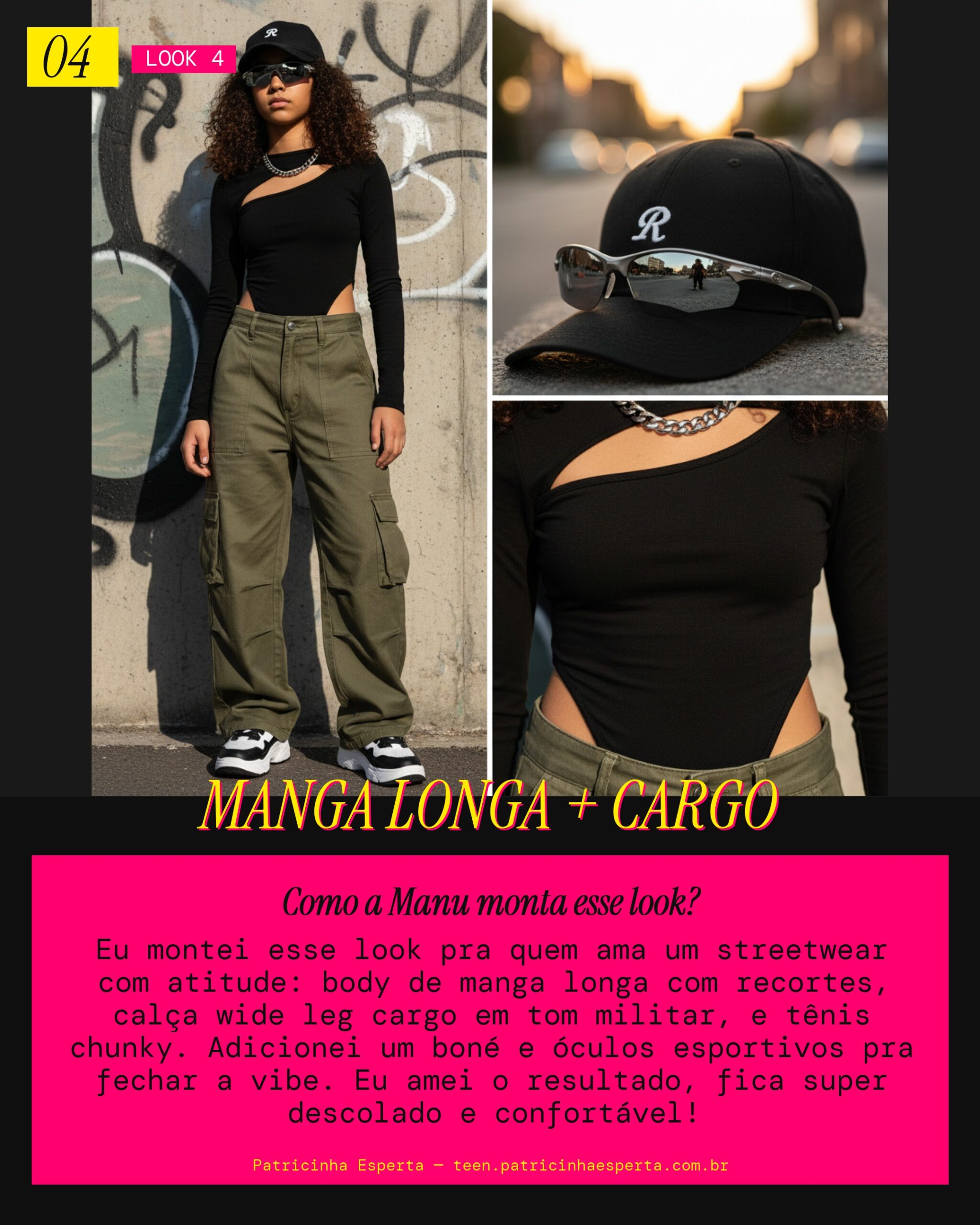 MANU RECOMENDA: Body Manga Longa com Wide Leg Cargo pra Streetwear