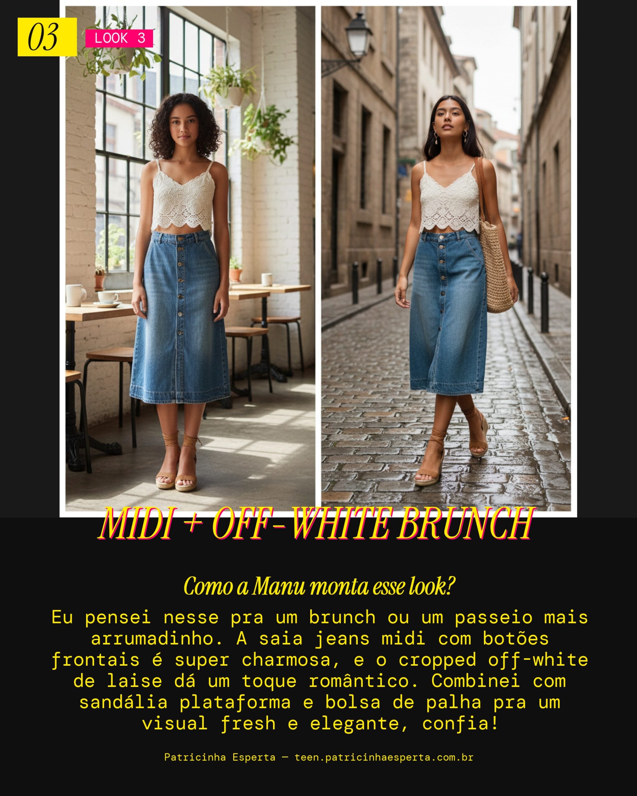 MANU RECOMENDA: Saia Jeans Midi e Cropped Off-White pra Brunch
