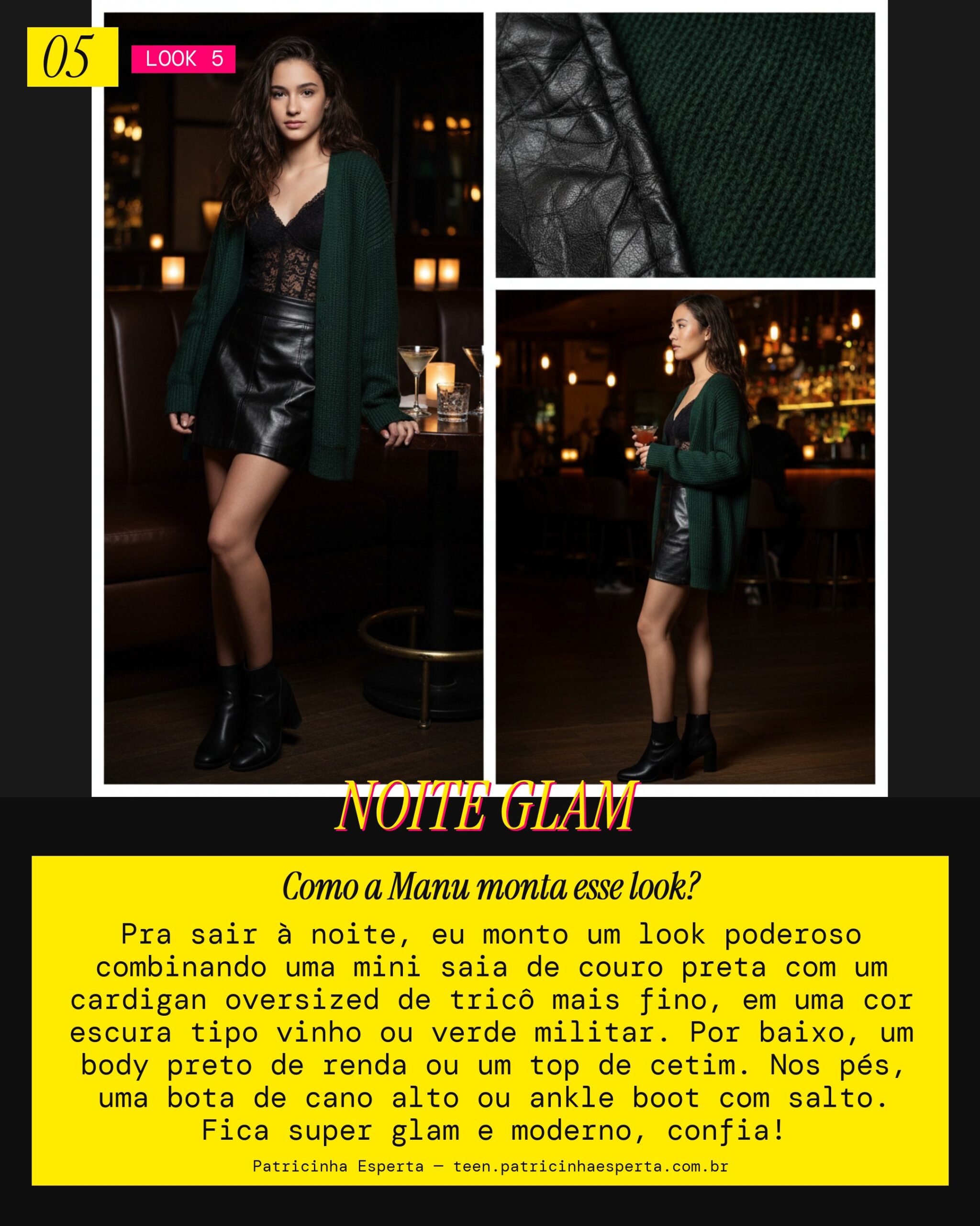 MANU RECOMENDA: Cardigan arrumado com mini saia de couro pra Noite