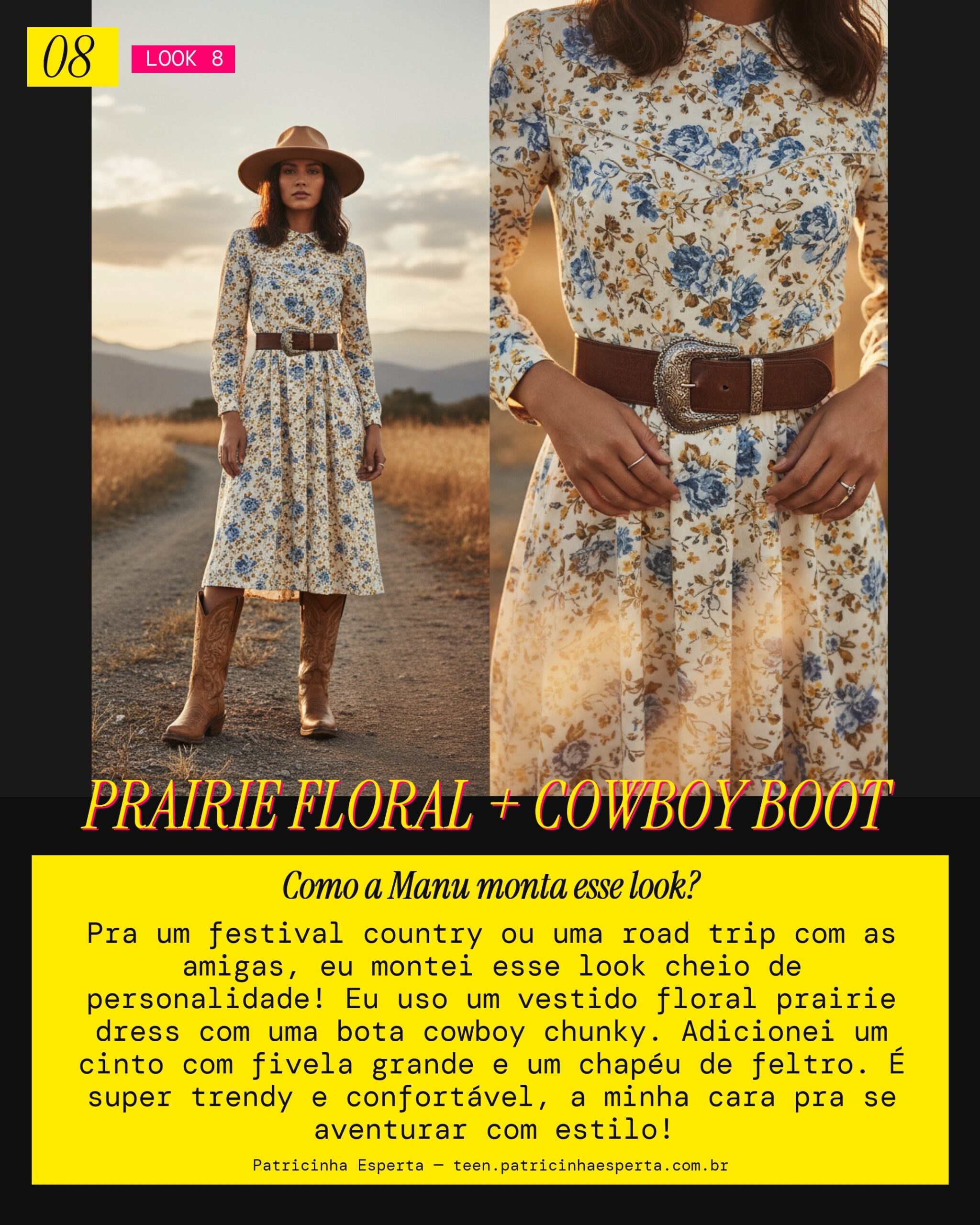 MANU RECOMENDA: Floral Prairie Dress com Chunky Cowboy Boot Pra Um Festival Country