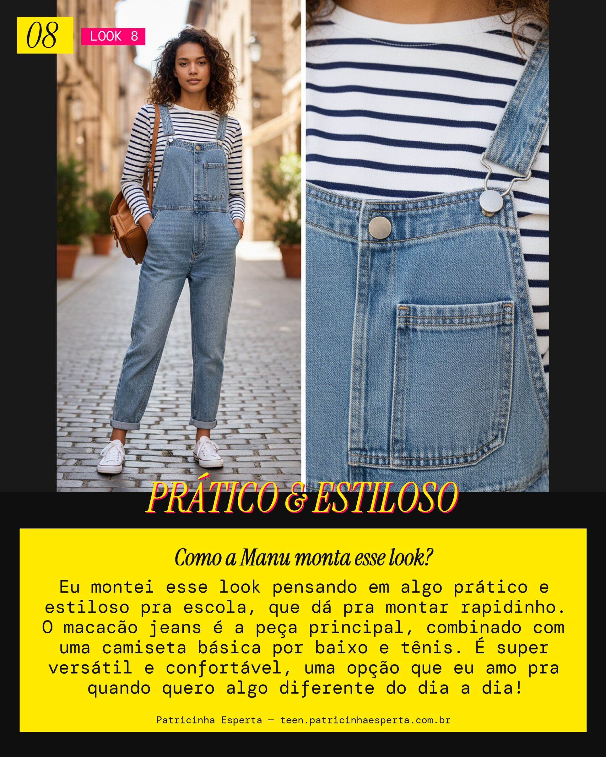 MANU RECOMENDA: Macacão Jeans e Camiseta Básica pra Escola