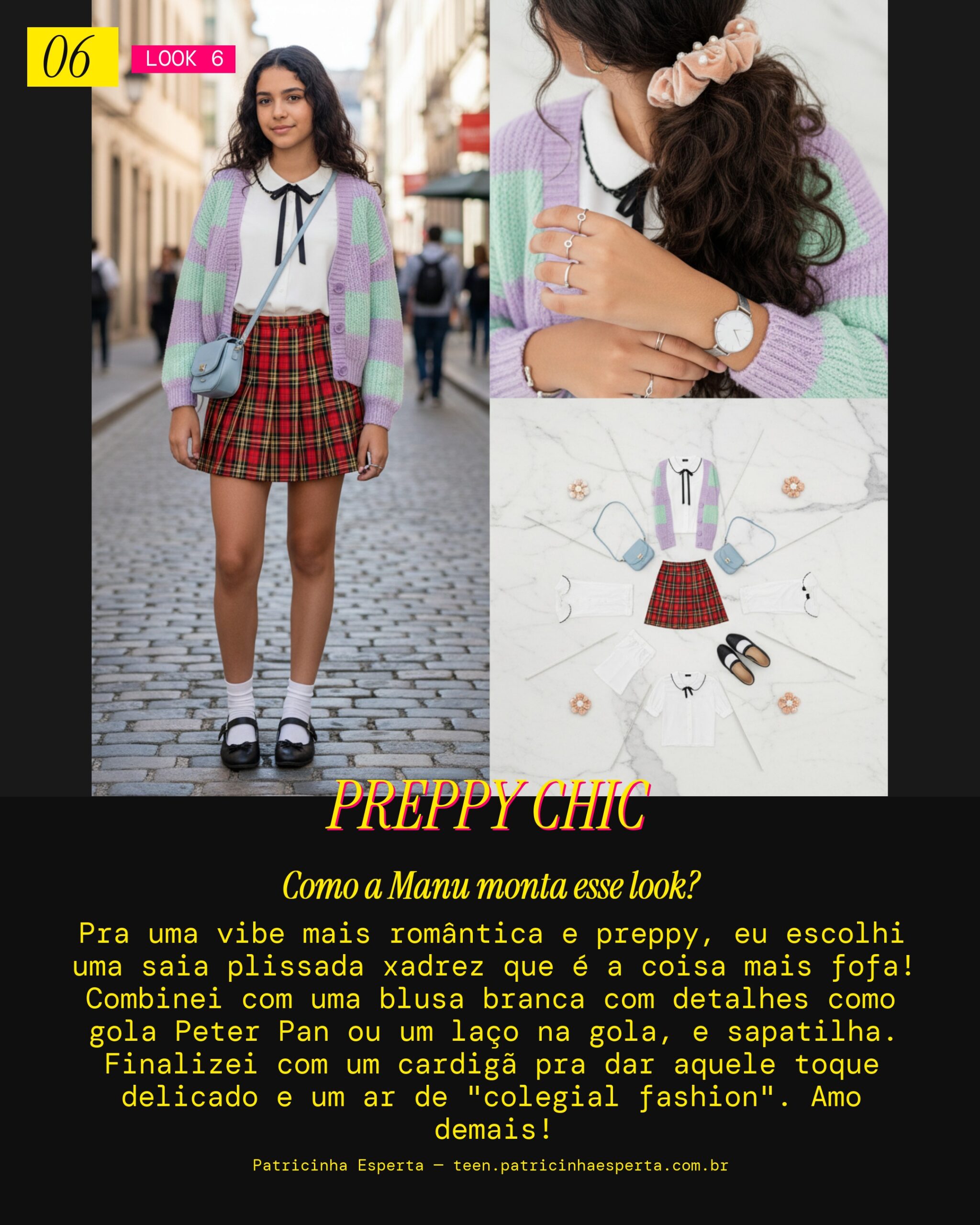 MANU INDICA: Saia Plissada Xadrez e Blusa com Laço Pra uma Vibe Preppy Fofa