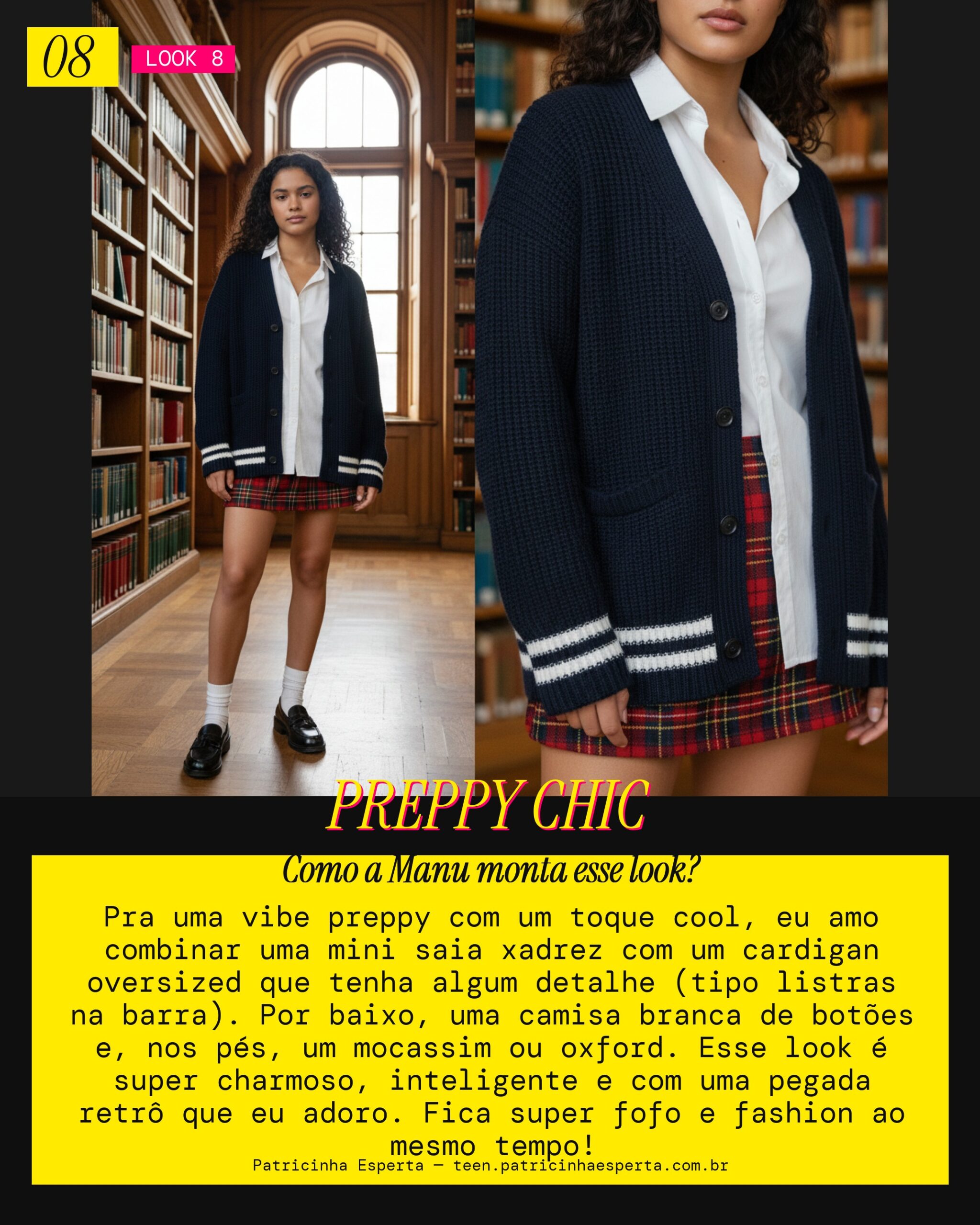 MANU RECOMENDA: Cardigan com mini saia xadrez pra Vibe Preppy Cool