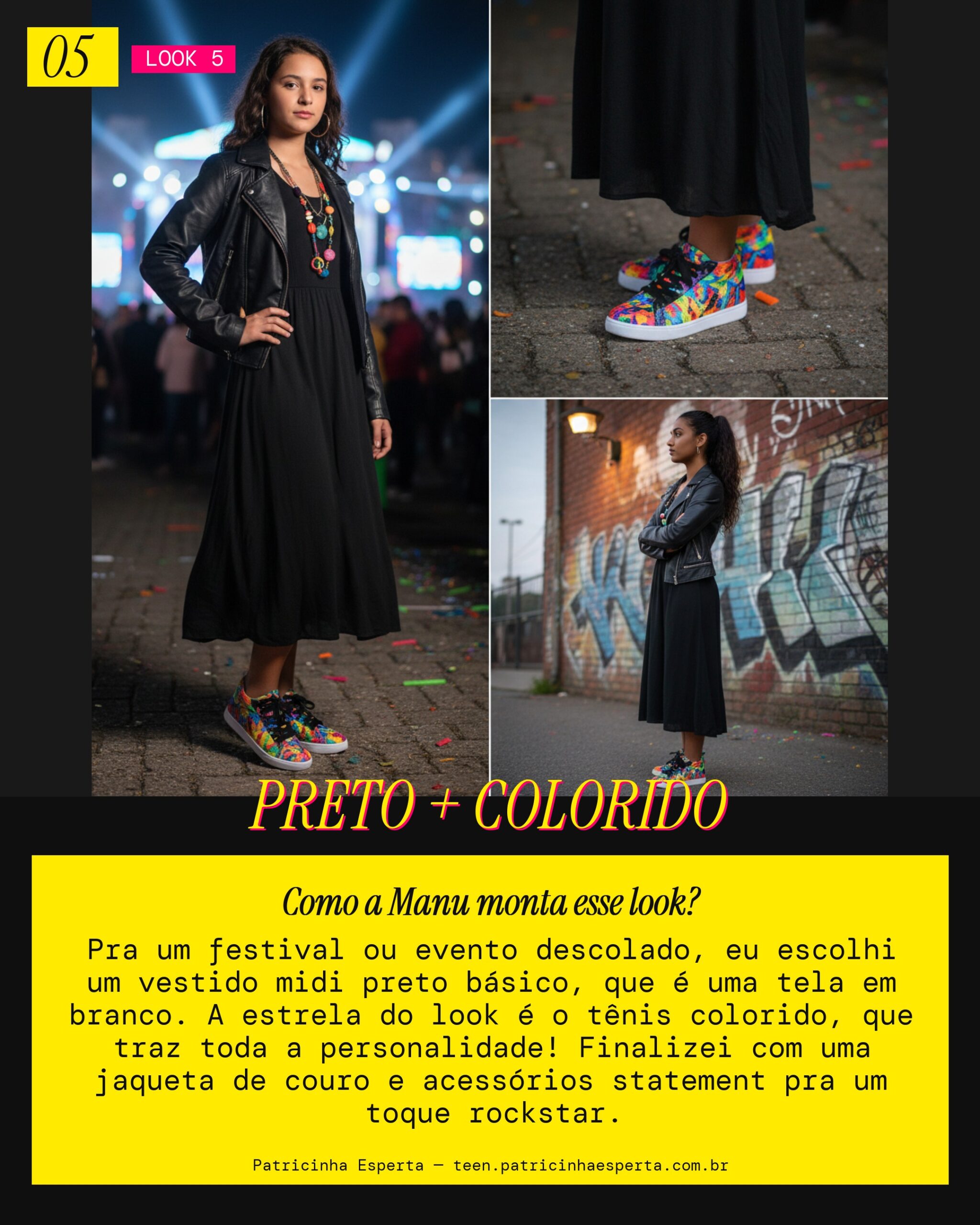 MANU RECOMENDA: Midi Monocromático Preto com Tenis Colorido pra um Festival