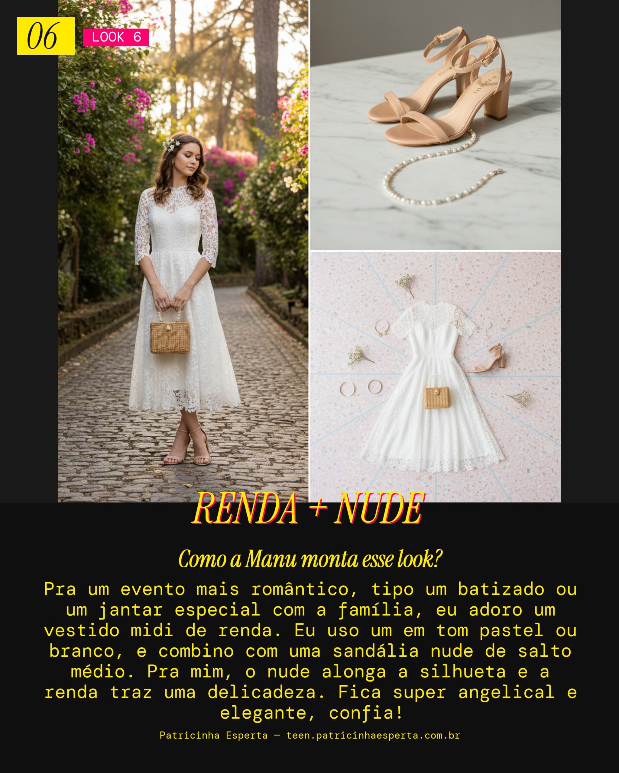 MANU RECOMENDA: Vestido Midi de Renda com Sandália Nude pra Evento Romântico