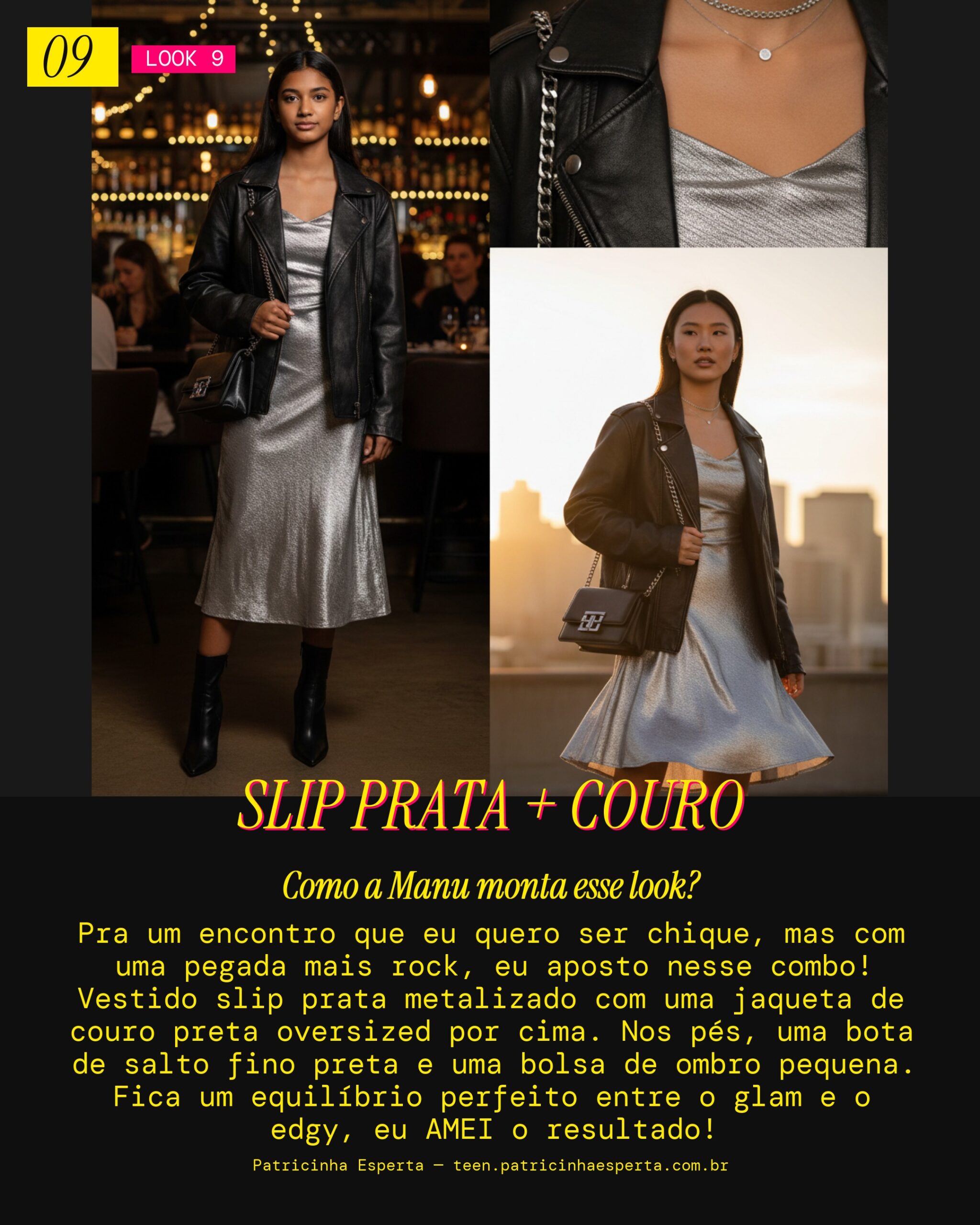 MANU RECOMENDA: Vestido Slip Prata com Jaqueta de Couro pra um Encontro Edgy-Glam