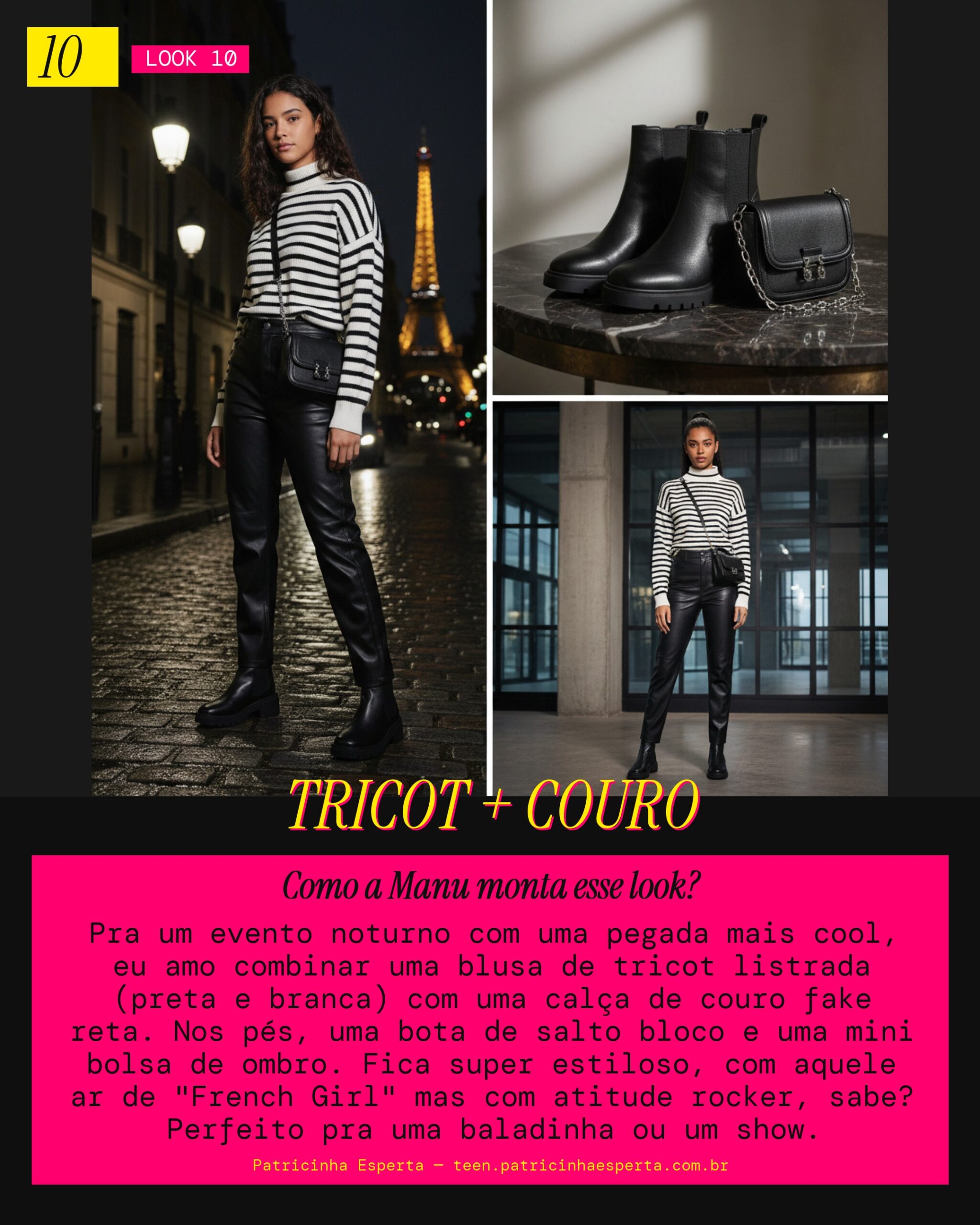 MANU RECOMENDA: Blusa de Tricot Listrada e Calça de Couro Fake pra um Evento Noturno Cool