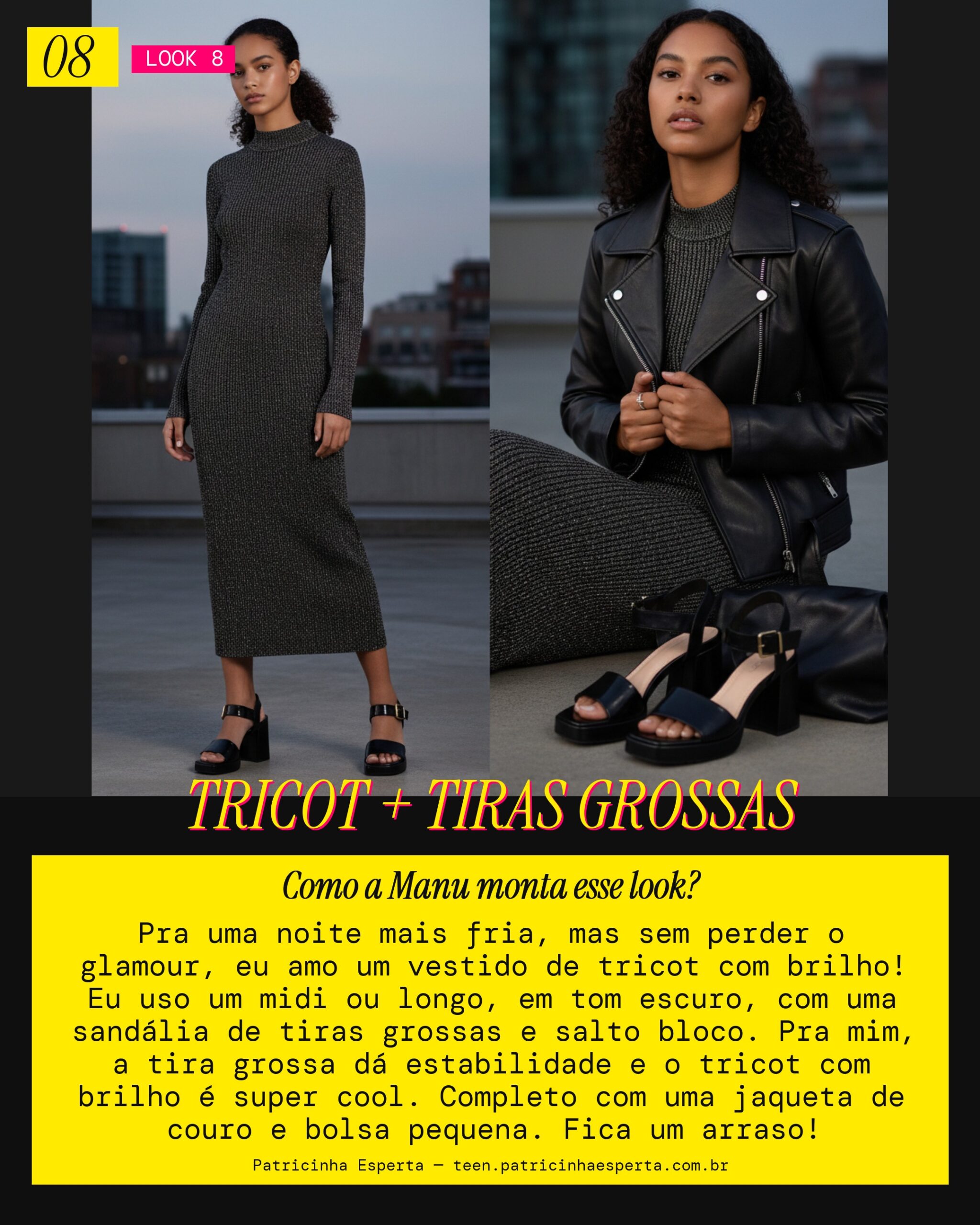 MANU RECOMENDA: Vestido de Tricot Brilhoso com Sandália de Tiras Grossas pra Noite