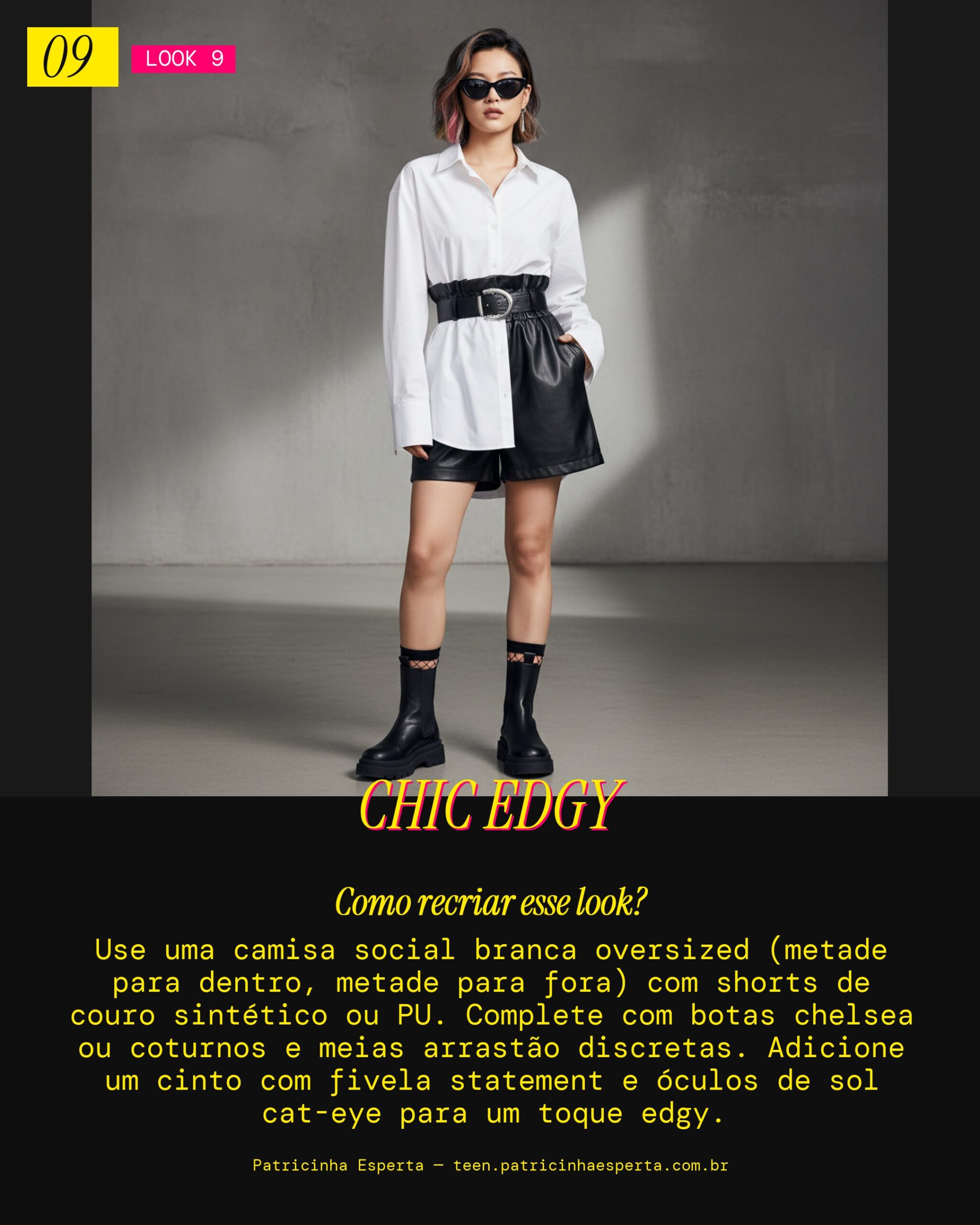 Look 9: Camisa Social e Shorts de Couro