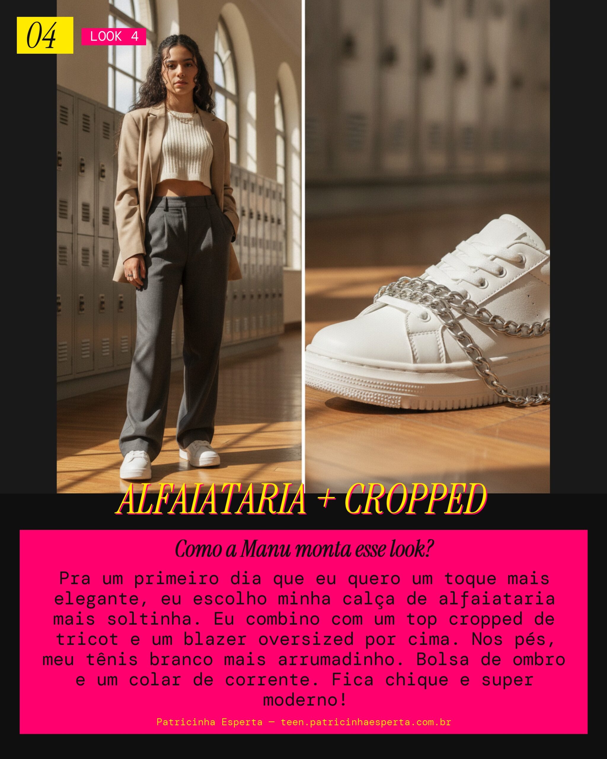 MANU RECOMENDA: Calça Alfaiataria + Top Cropped pra um Primeiro Dia Mais Chique