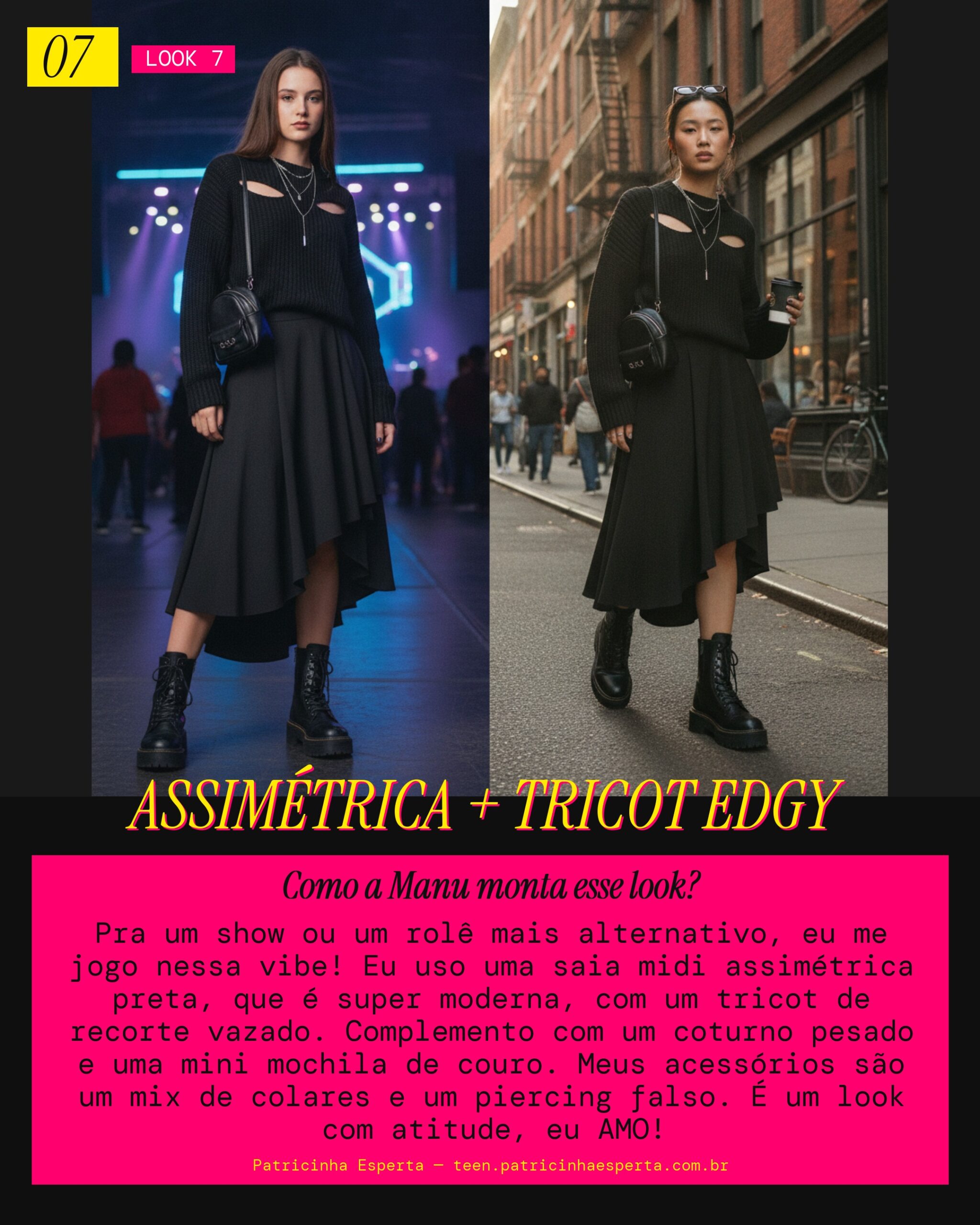 MANU RECOMENDA: Saia Midi Assimétrica com Tricot Detalhado e Coturno (Edgy)