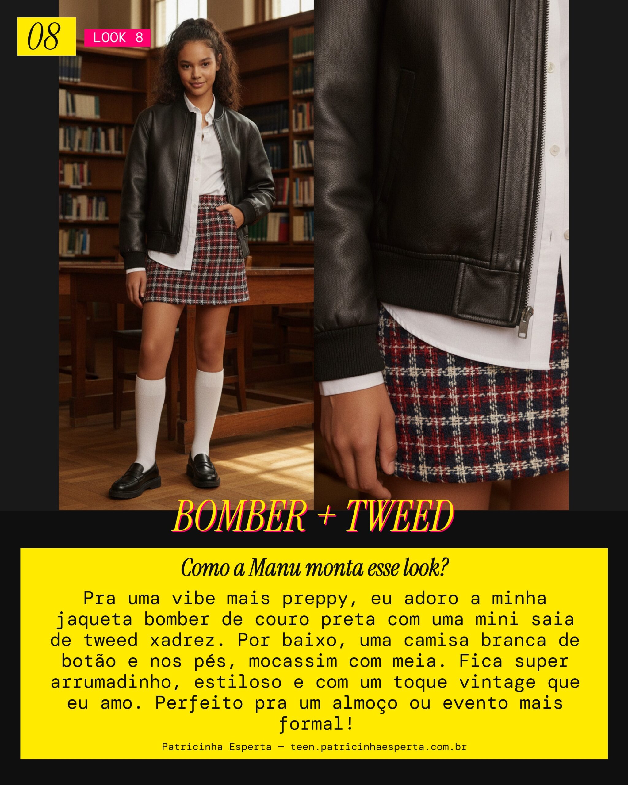MANU RECOMENDA: Jaqueta Bomber de Couro com Saia de Tweed pra Vibe Preppy