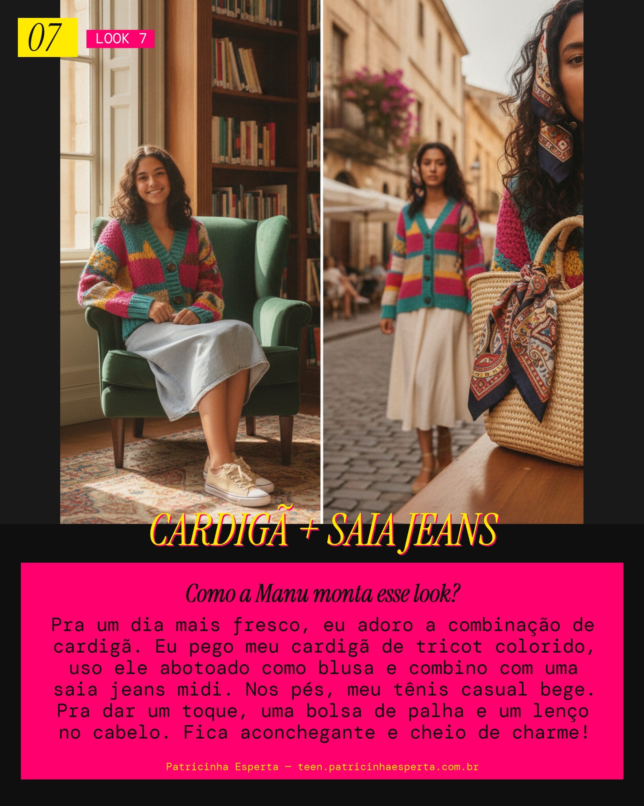 MANU RECOMENDA: Cardigã de Tricot + Saia Jeans Midi pra um Dia Aconchegante