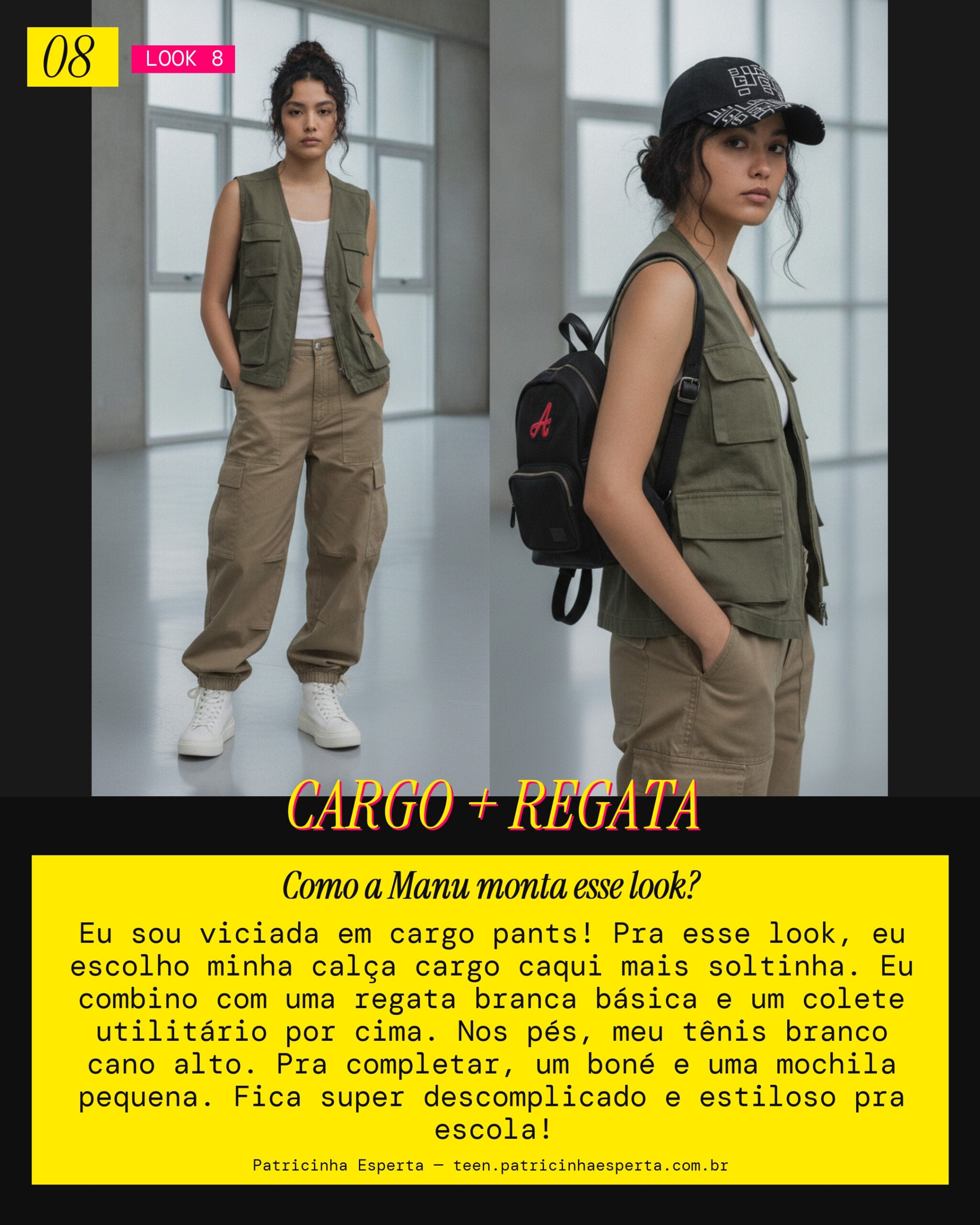 MANU RECOMENDA: Cargo Pants + Regata Básica pra um Primeiro Dia Relax e Estiloso